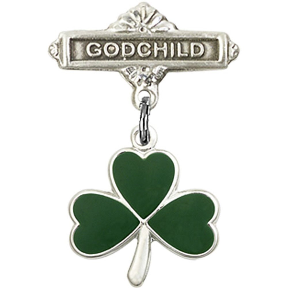 925 Sterling Silver Baby Badge with Shamrock Charm & Godchild Pin - 1 x 5/8 Inch - Perfect for Christenings, Baptisms & Irish-Themed Gifts