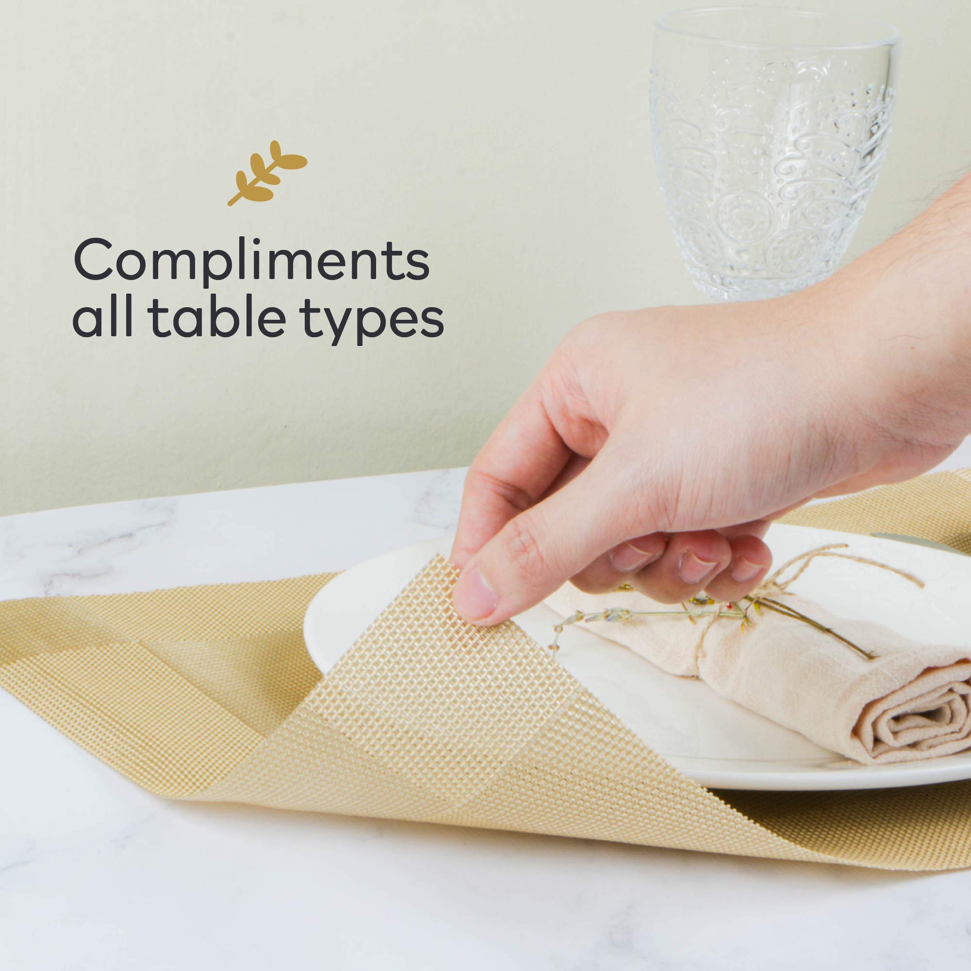 Premium Gold Placemats Set of 6 - 18x12 Inch Heat Resistant Table Mats for Kitchen & Dining | Non-Slip Woven Vinyl Placemats - Waterproof, Washable & Easy Clean | Perfect for Everyday Meals, Dinner Parties & Holiday Gatherings