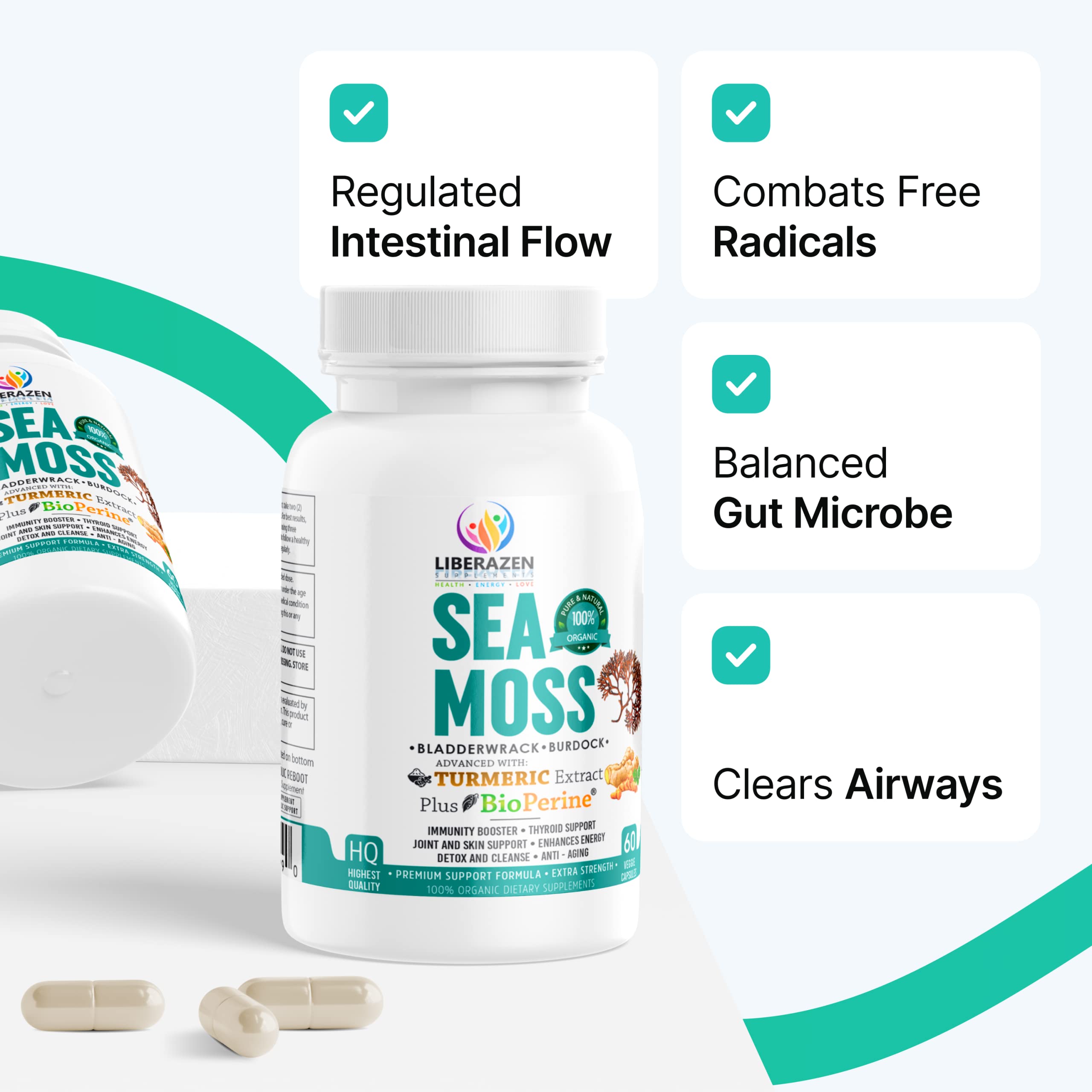 Organic Irish Sea Moss Pills - Wildcrafted Dr. Sebi Inspired Seamoss Blend with Turmeric, Burdock Root & Bladderwrack - Enhanced with Black Pepper for Better Absorption - 60 Vegan Capsules - Supports Immune System, Digestion & Energy - Perfect for Daily Wellness Routine