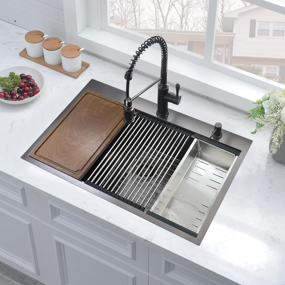 33 x 19 Inch Black Stainless Steel Drop-In Kitchen Sink - 16 Gauge Deep Single Bowl Workstation Basin for Modern Kitchens | Perfect for Meal Prep & Dishwashing