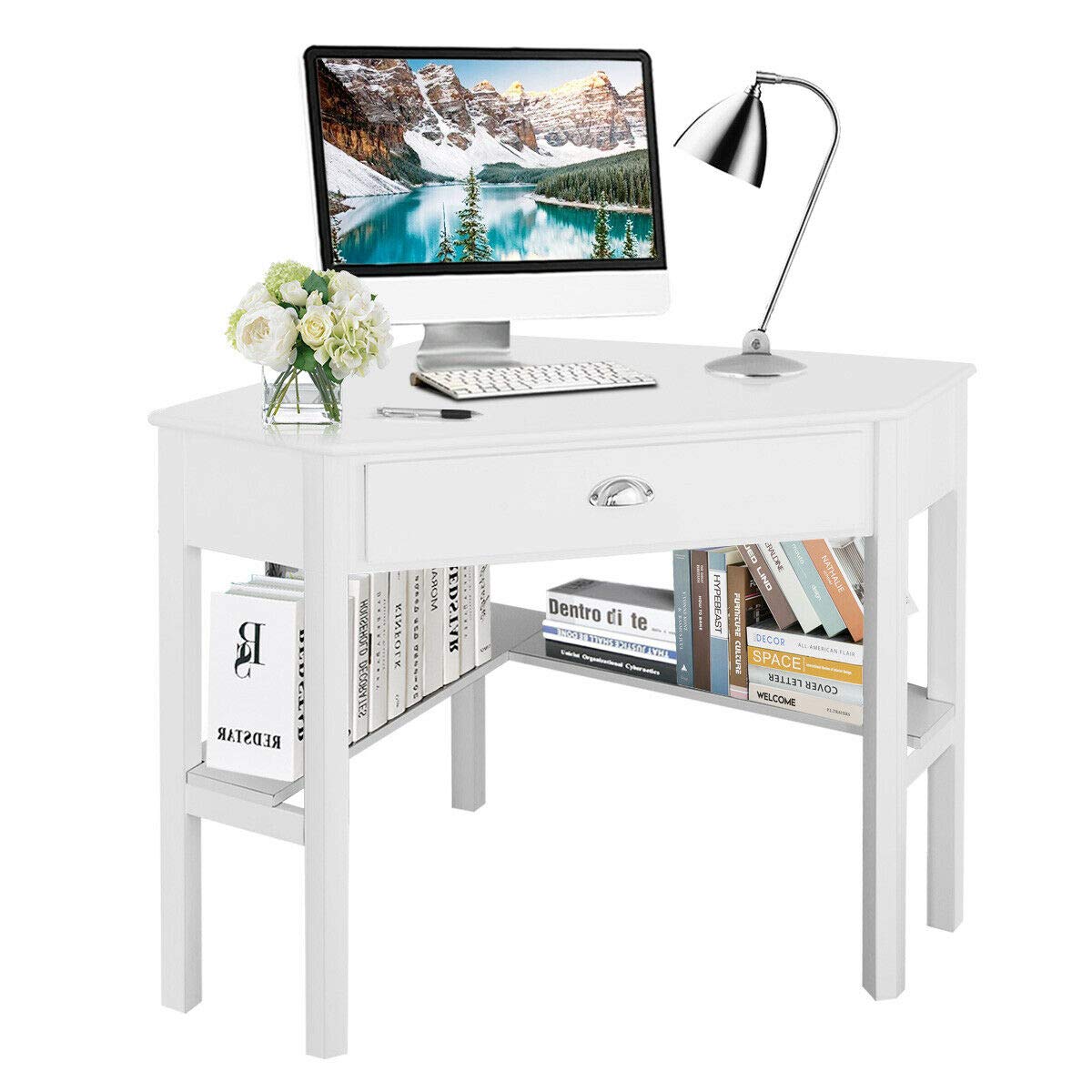 White Corner Computer Desk with Slide-Out Drawer & Storage Shelf - Compact L-Shaped Workstation for Home Office, Study, Gaming & Small Spaces - Perfect for Apartments, Dorm Rooms & Living Areas
