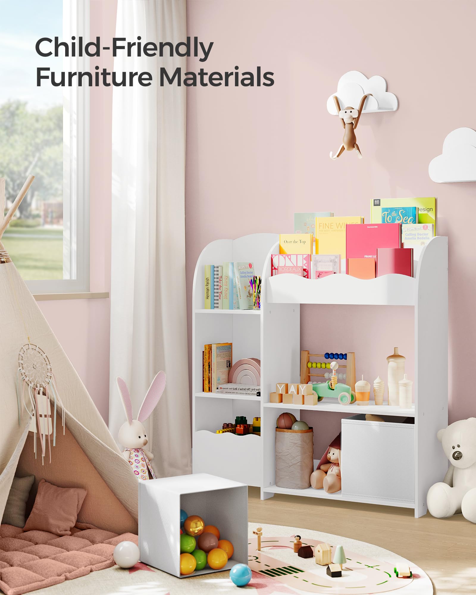 SONGMICS Kids Toy and Book Storage Organizer with 2 Bins - Multifunctional Bookshelf & Toy Organizer for Playroom, Nursery, Living Room - Cloud White UGKR042W01 | Perfect for Organizing Toys, Books, and Kids' Room Decor