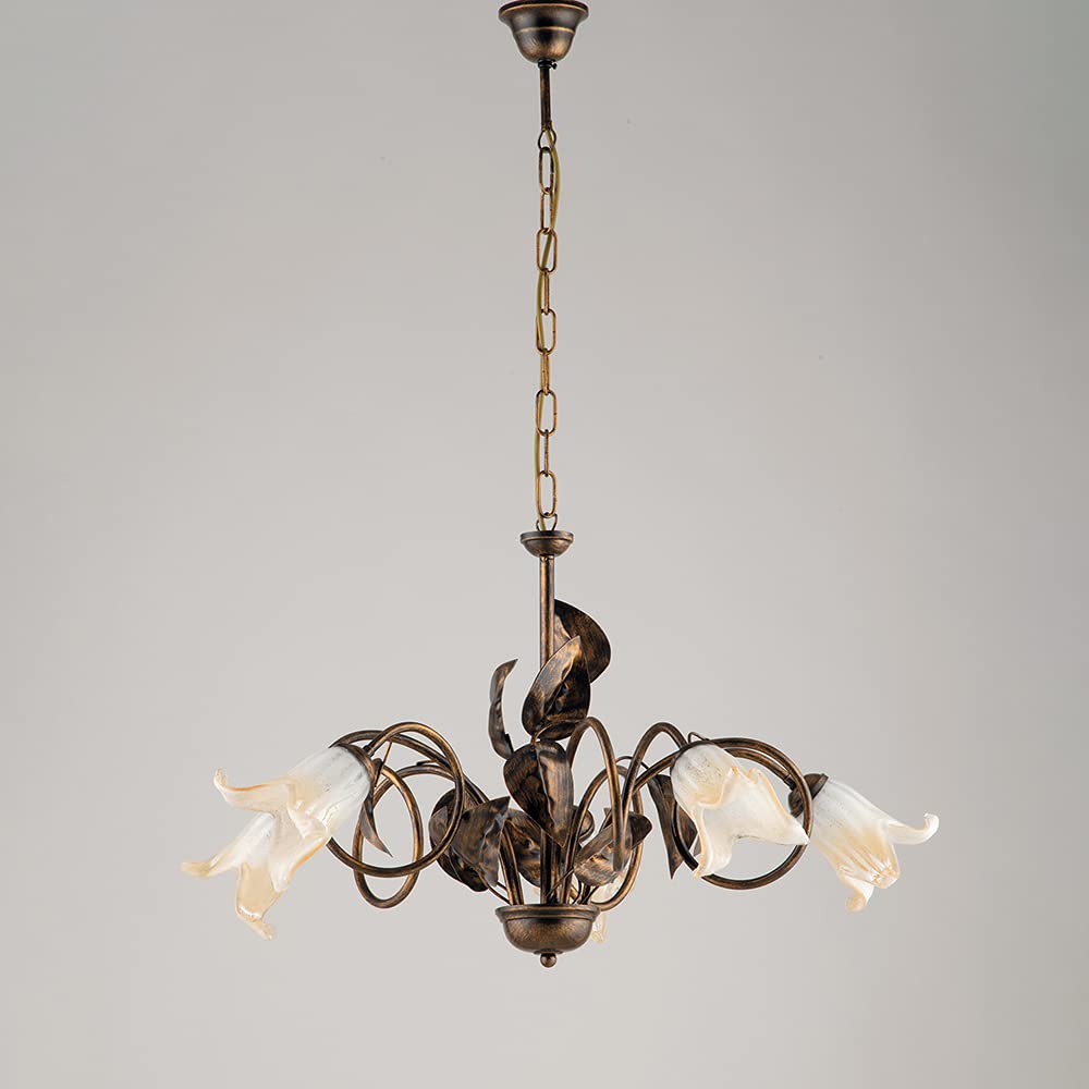 Vintage Brown and Gold Wrought Iron Ceiling Light with Murano Glass Crystals - 5-Light Bedroom Chandelier for Dining Room, Living Room, or Master Suite (Model: BON-265)
