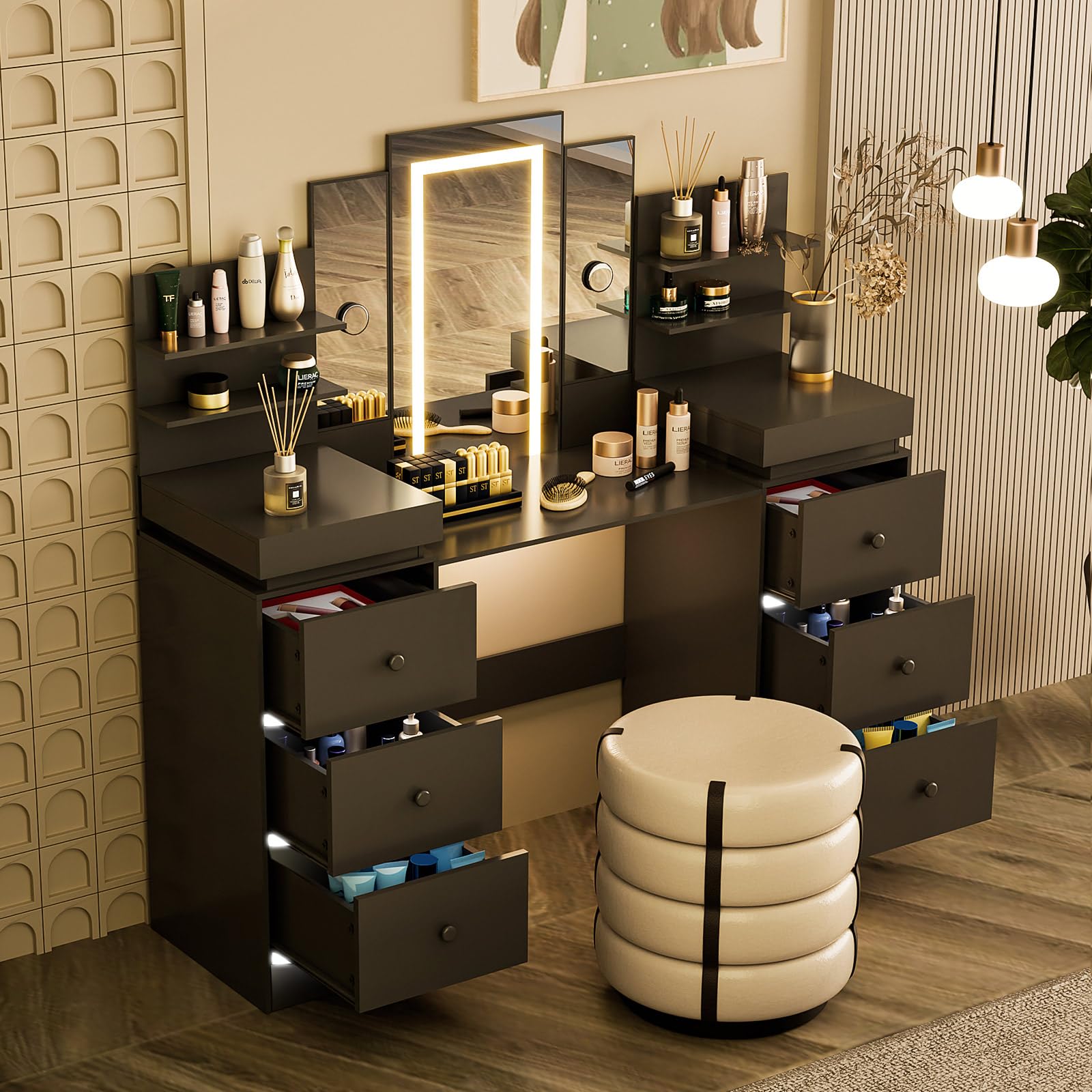 Vanity Desk with LED Lighted Mirror - 8 Drawers & 6 Shelves Makeup Vanity Set with 3 Adjustable Lighting Modes & Atmosphere Light - Perfect for Women's Bedroom, Dressing Room, or Beauty Salon Makeup Station