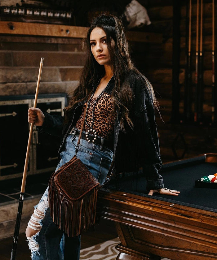 Montana West Genuine Leather Floral Fringe Crossbody Bag for Women - Stylish Boho Shoulder Purse with Adjustable Strap, Perfect for Daily Use, Travel & Festivals
