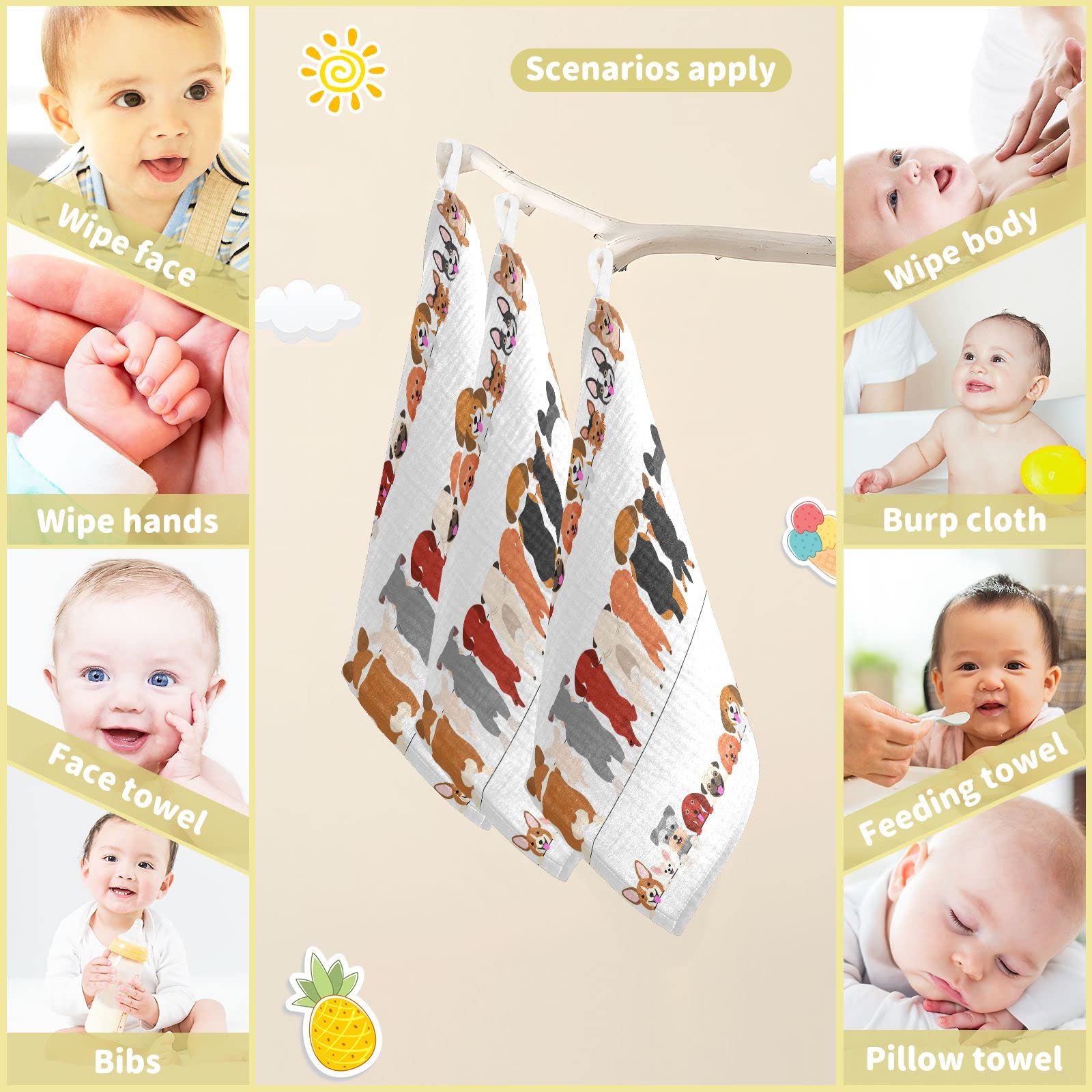Cute Puppy Baby Washcloths - Soft Absorbent Muslin Burp Cloths for Newborns & Infants (12x12 Inches, 3-Pack) - Perfect for Bath Time, Feeding & Gentle Face Cleaning - Ideal Baby Shower Gift for Boys & Girls