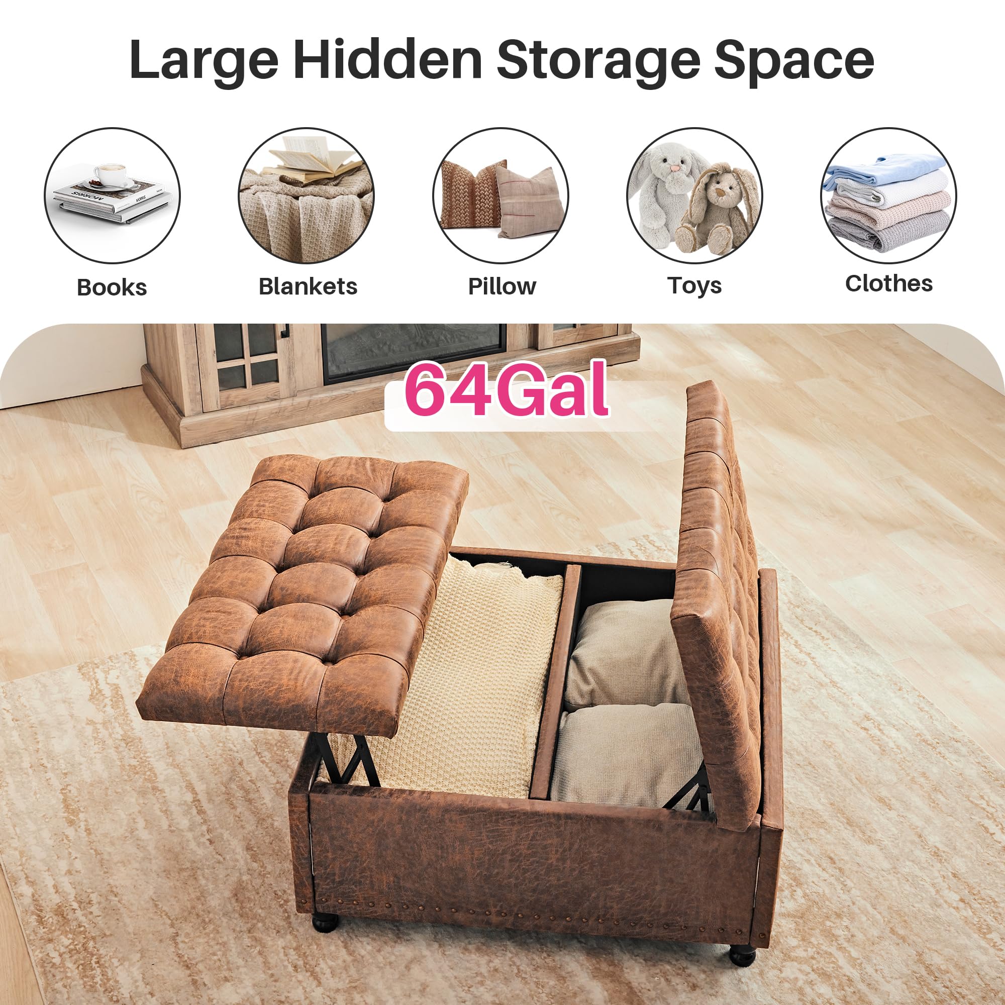 Redlife 35 Inch Large Square Storage Ottoman Bench with Lift Top - Tufted Coffee Table Ottoman for Living Room, Bedroom & Entryway - Brown Leathaire Fabric - Multi-Functional Storage Furniture for Shoes, Blankets & Home Decor