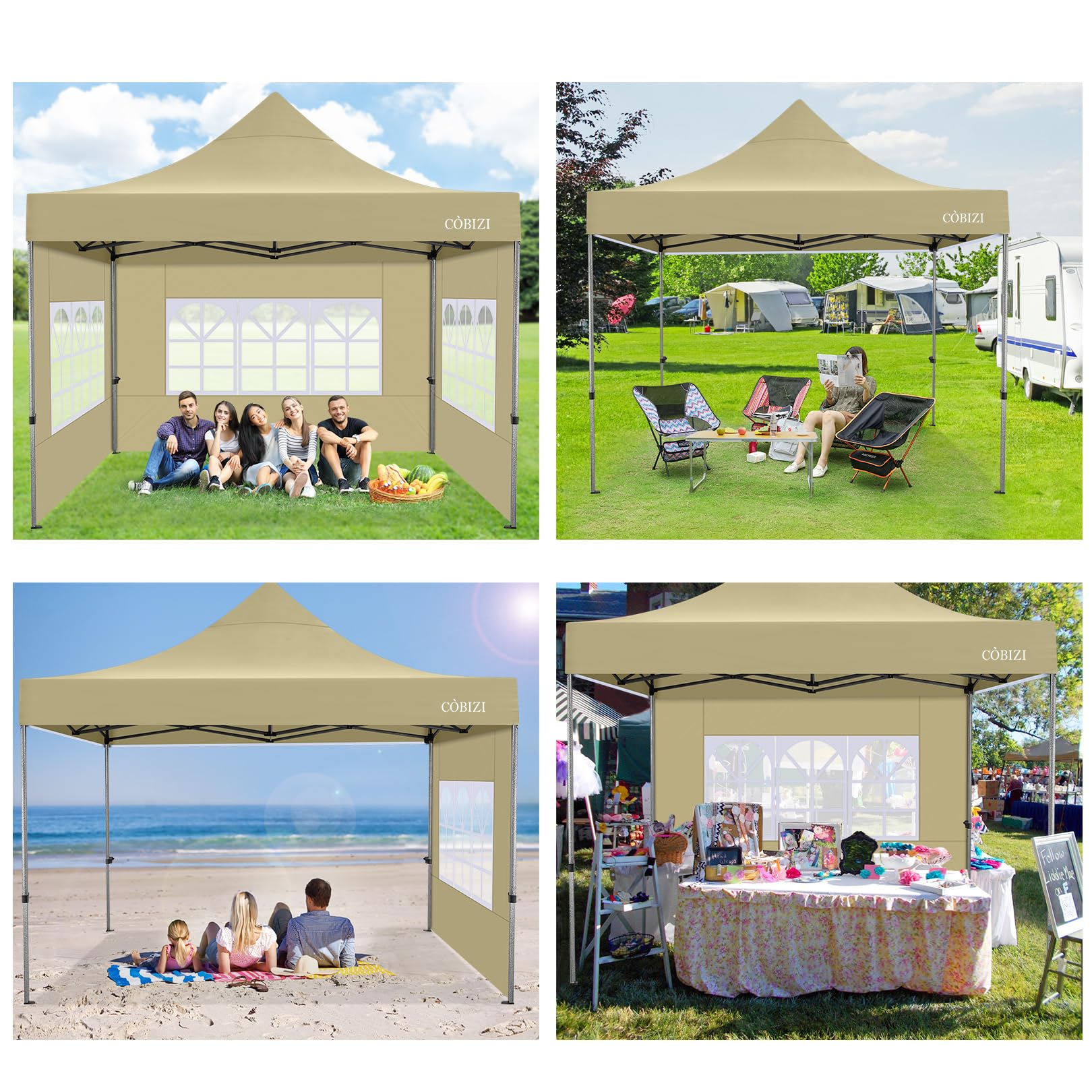 COBIZI 10x10 Pop Up Canopy Tent with 4 Sidewalls - Waterproof Heavy Duty Commercial Canopy for Outdoor Parties, Events, Camping & Backyard - Includes Wheeled Carry Bag (10x10ft, Khaki) | Perfect for Picnics, Farmers Markets, Tailgating & Beach Outings