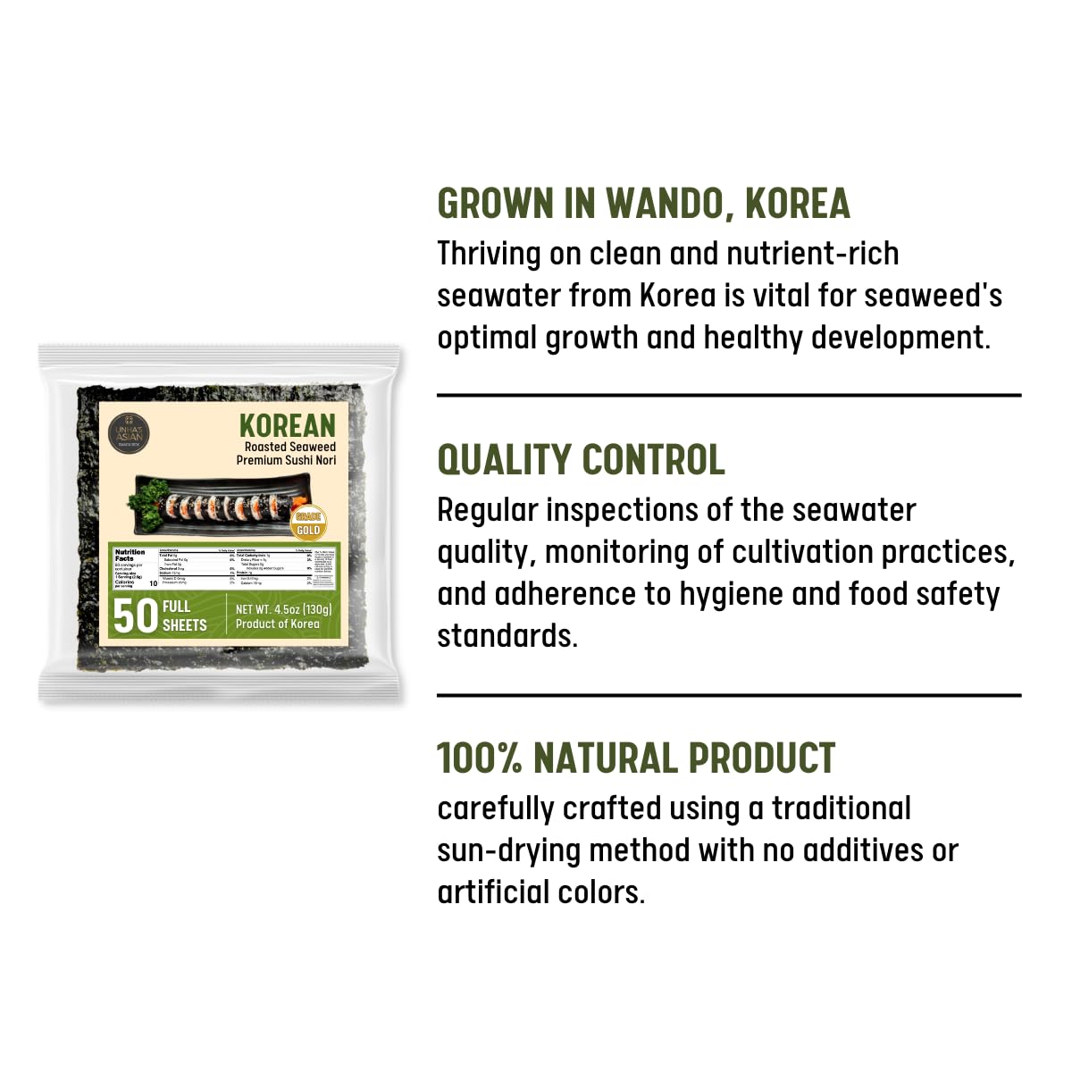 Premium Sushi Nori - Roasted Seaweed (50 Sheets) for Sushi Rolls & Gimbap - Vegan Korean Snack