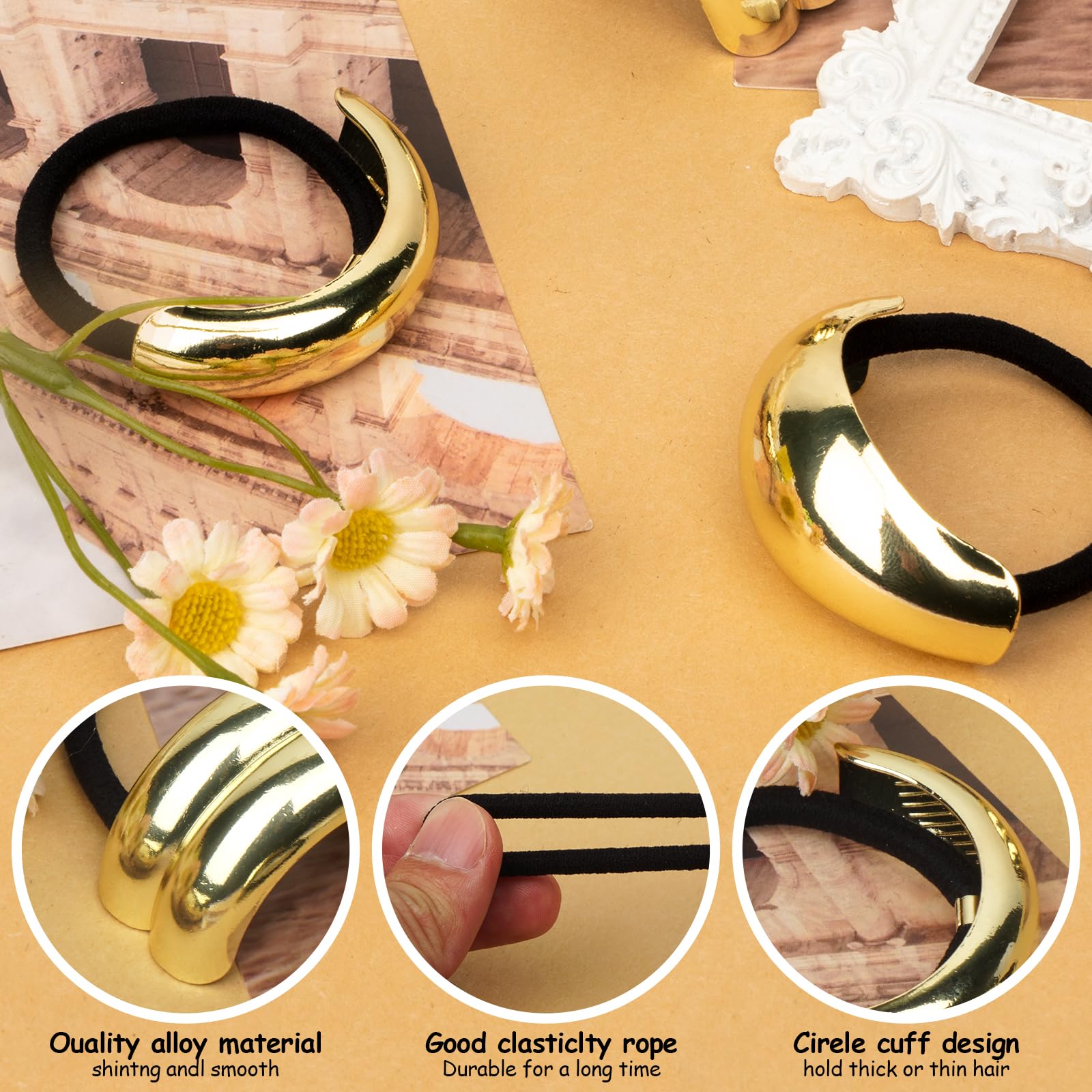 3PCS Gold Hair Cuffs for Women - Elegant Metal Ponytail Cuff Wrap, Geometric Hair Accessories for Thick Hair - Perfect for Parties, Weddings & Everyday Styling
