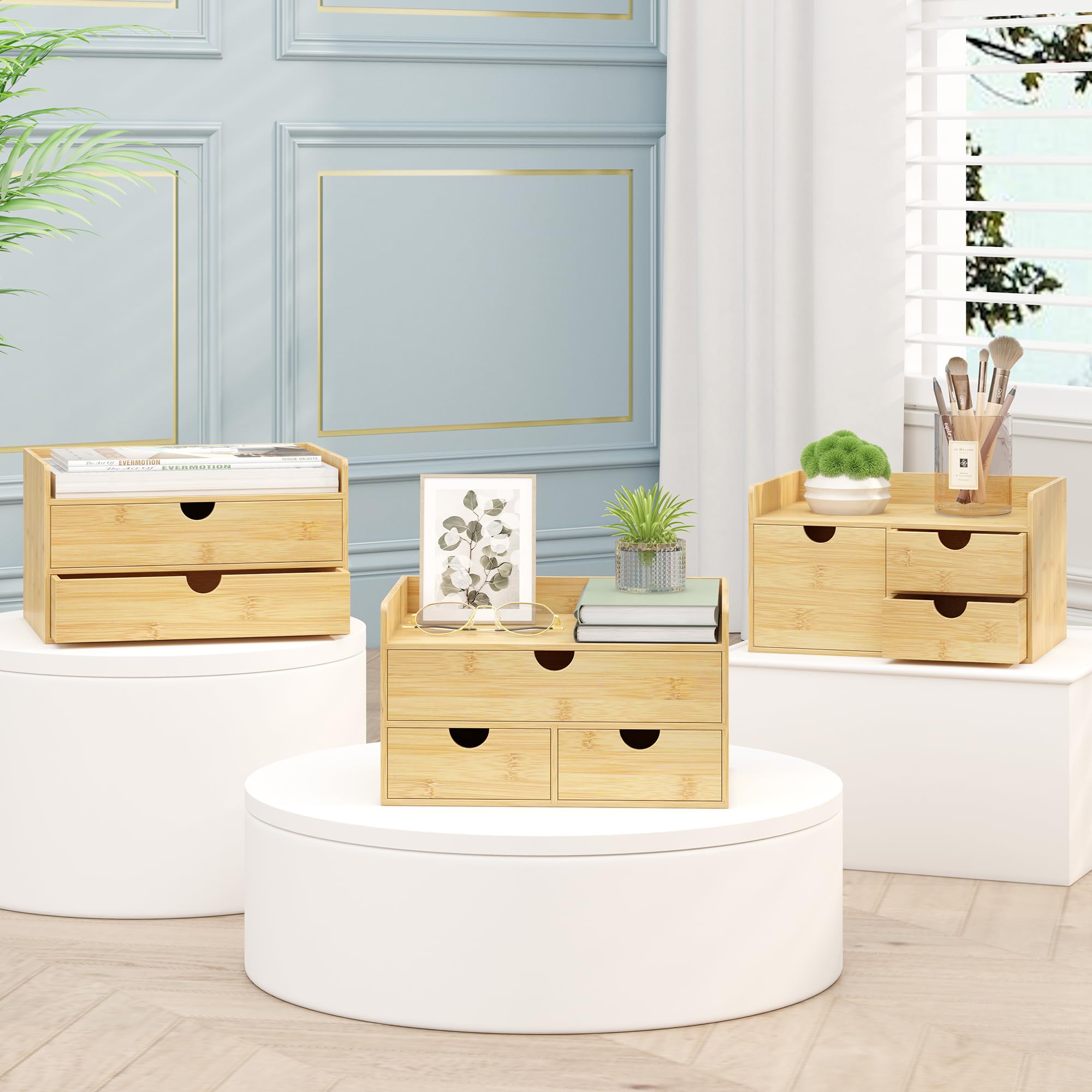 Wisuce Bamboo 2-Drawer Desk Organizer - No Assembly Required, Tabletop Storage Box for Office, Home, Vanity & Toiletries Supplies | Perfect for Desk Organization, Bathroom Storage & Makeup Accessories