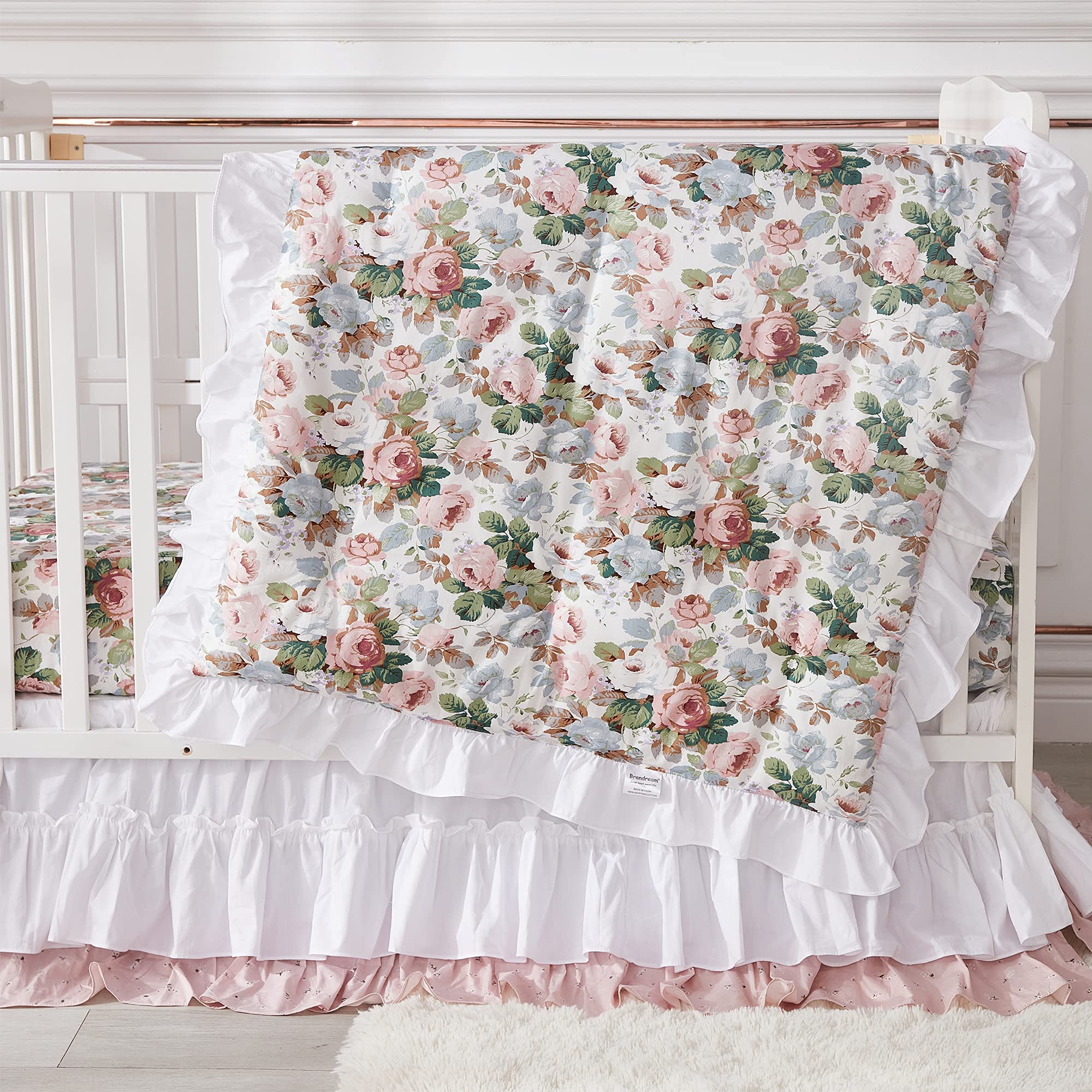 Brandream French Country Garden Floral 3-Piece Baby Crib Bedding Set - Ruffled Quilt, Fitted Sheet & Skirt for Girls Nursery in White Blush Pink Green | Perfect for Newborn & Toddler Room Decor