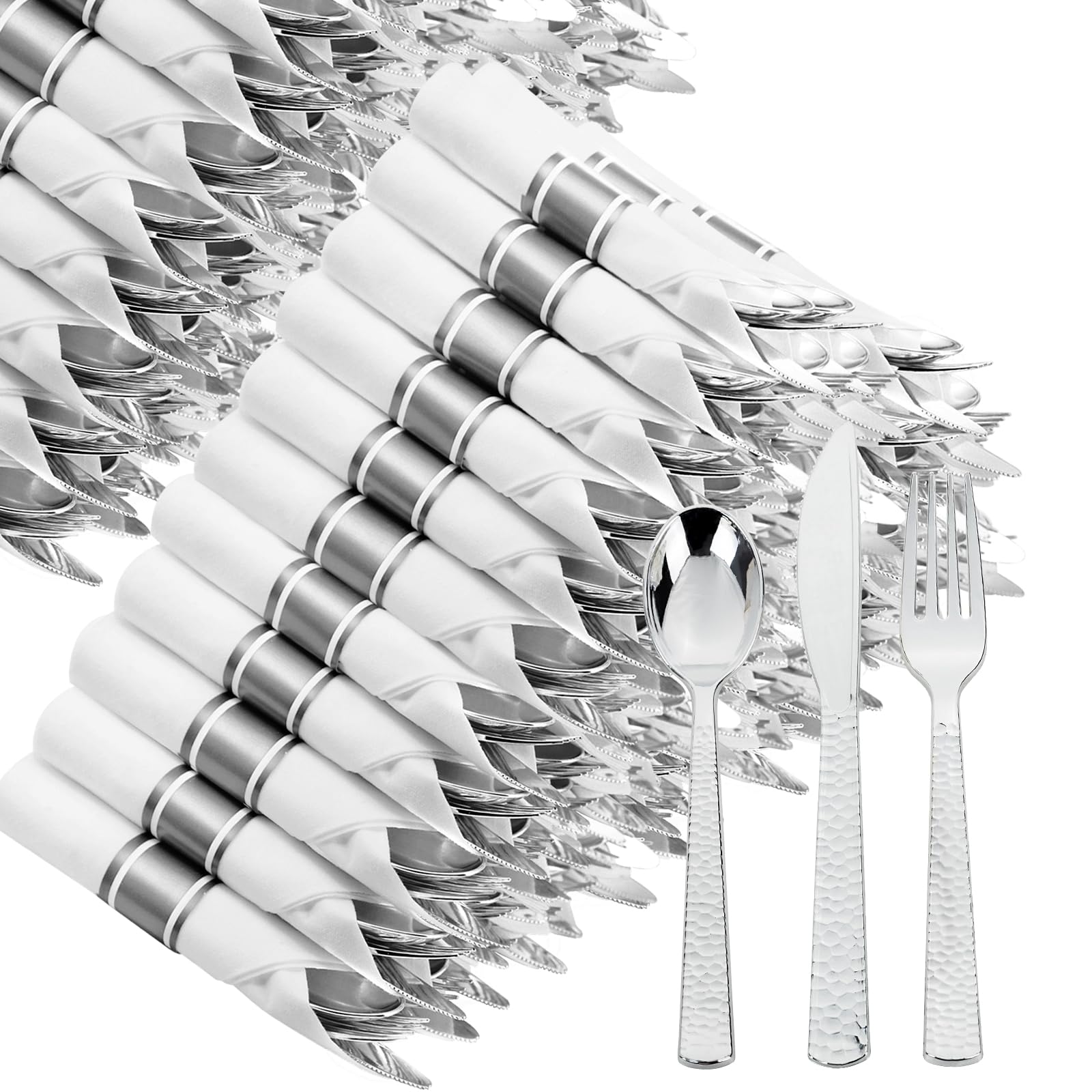 WELLIFE 50-Piece Silver Plastic Cutlery Set with Pre-Rolled Napkins - Includes 50 Forks, 50 Knives & 50 Spoons - Heavy Duty Disposable Utensils for Parties, Picnics, Catering & Events