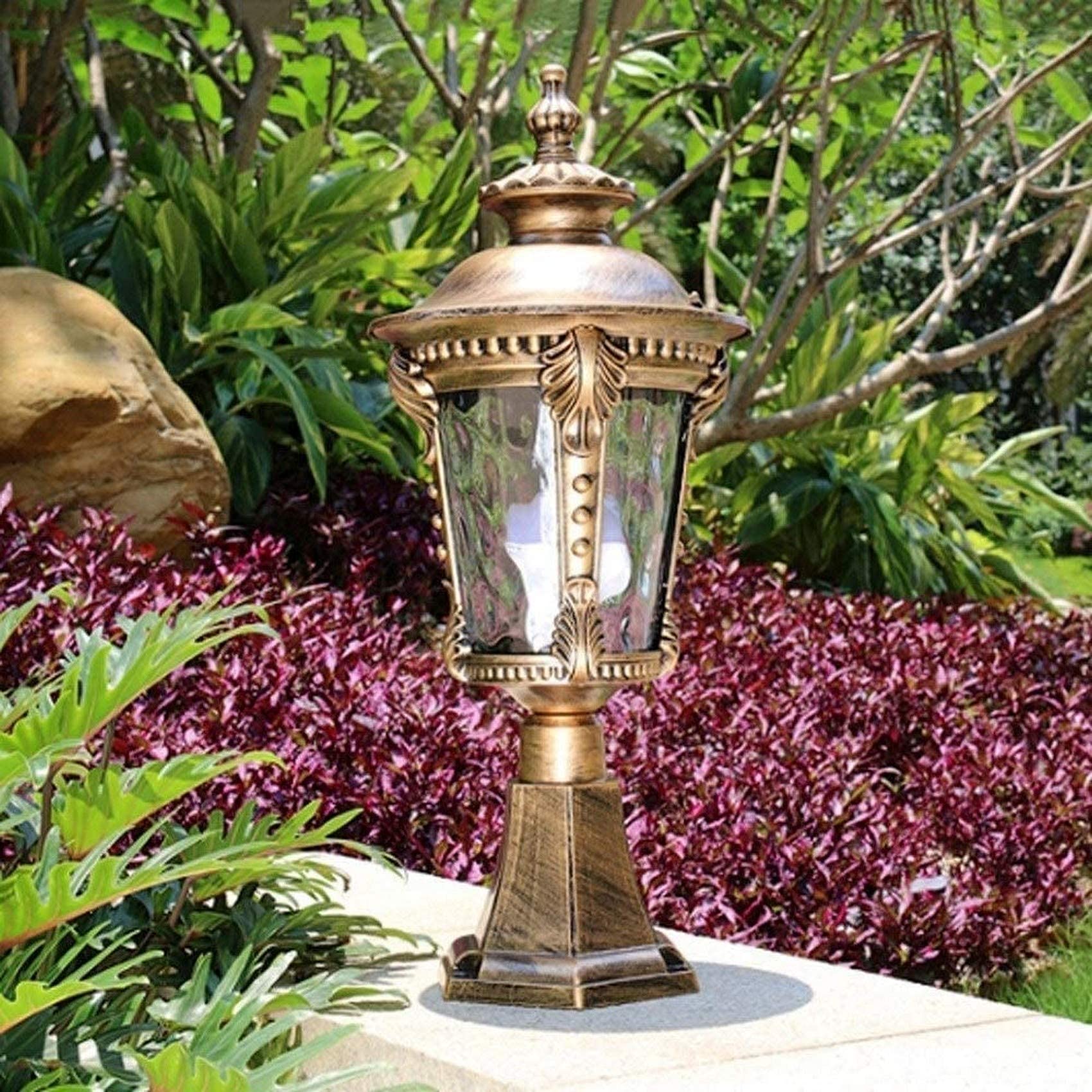 IP55 Waterproof Outdoor Column Lamp - Classic Retro Water Pattern Glass Lantern with Aluminum Metal Post for Pillar Light - Perfect for Park, Patio, Courtyard, and Villa Decoration
