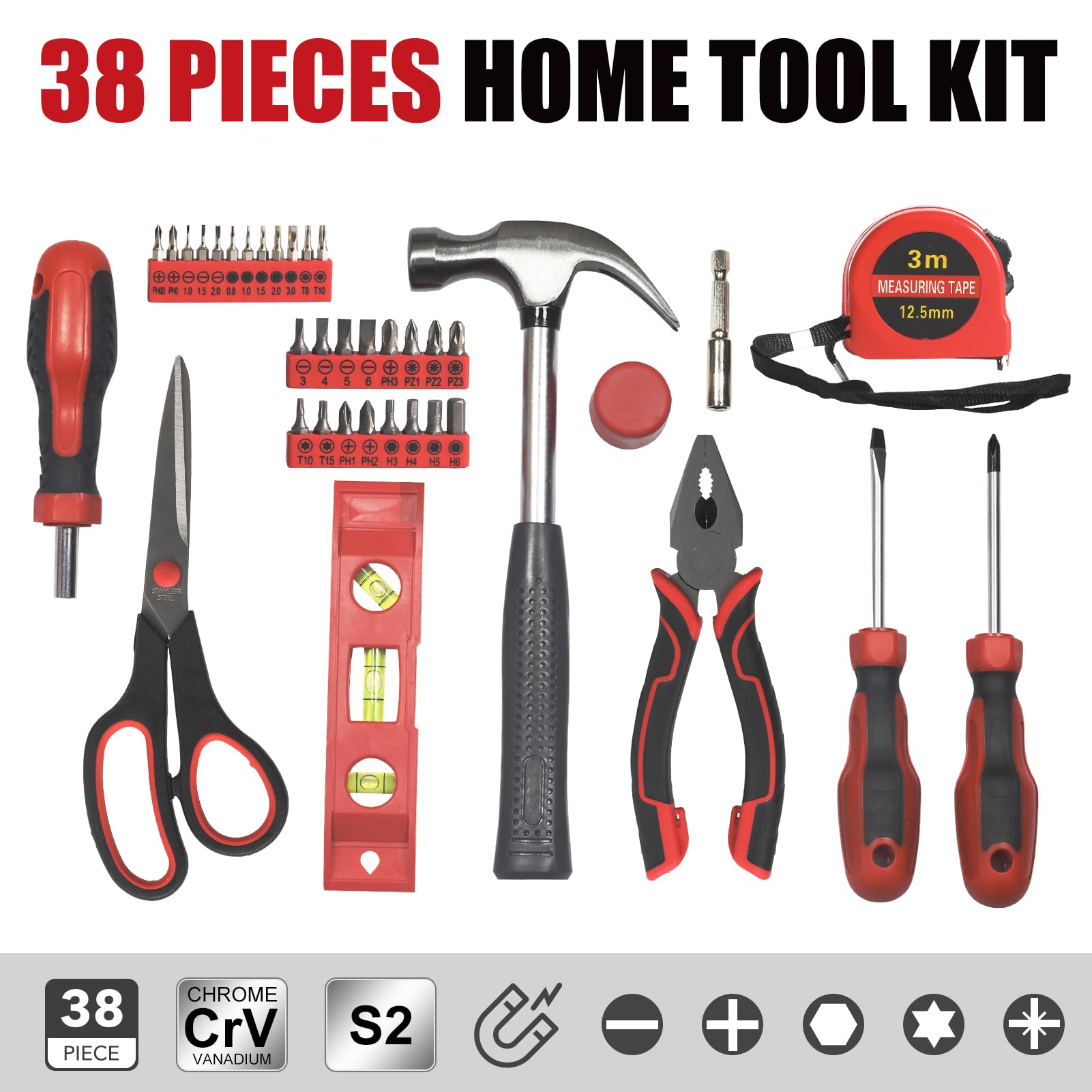 38-Piece Home & Garage Tool Set with Portable Storage Box - Essential DIY Repair Kit for Daily Maintenance, Office, Car, and Household Projects
