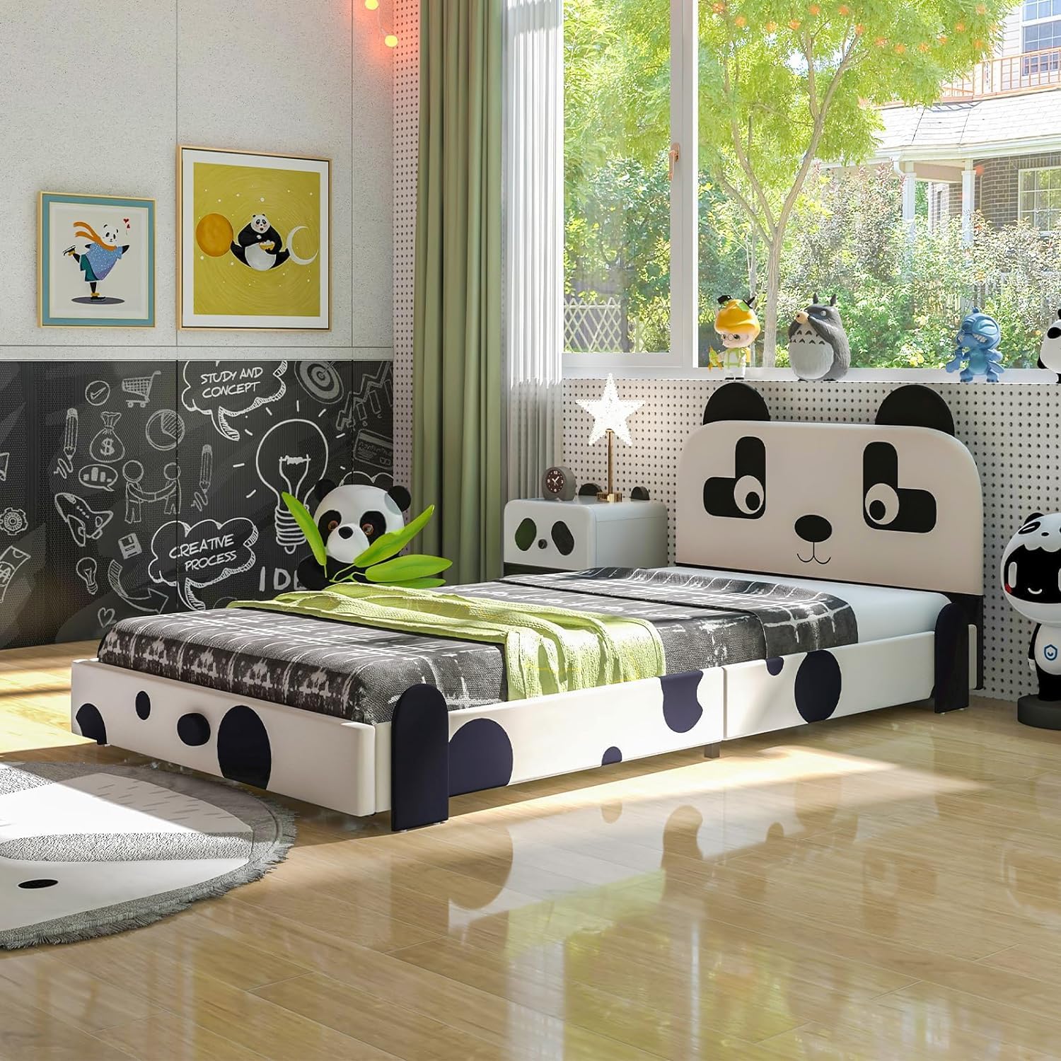 Costzon Twin Bed Frame for Kids - Sturdy Metal Platform with Slat Support & Padded Headboard, No Box Spring Needed, Easy Assembly (Cute Panda Design) | Perfect for Kids' Bedroom, Guest Room & Small Spaces
