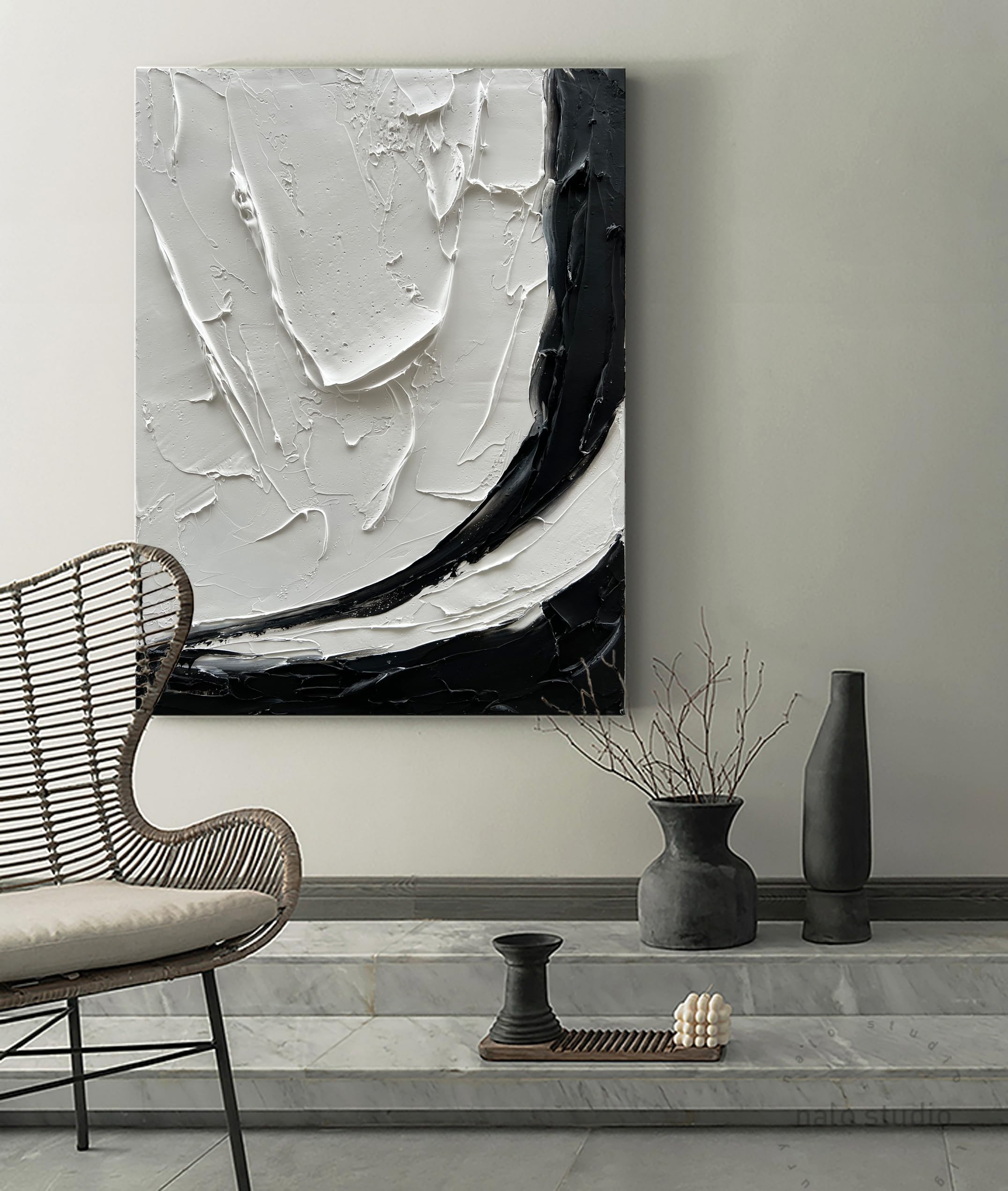 40x28 Inch Modern Black and White Minimalist Oil Painting - Hand-Painted Wall Art for Home & Office Decor | Living Room, Bedroom, Dining Room Wall Decoration