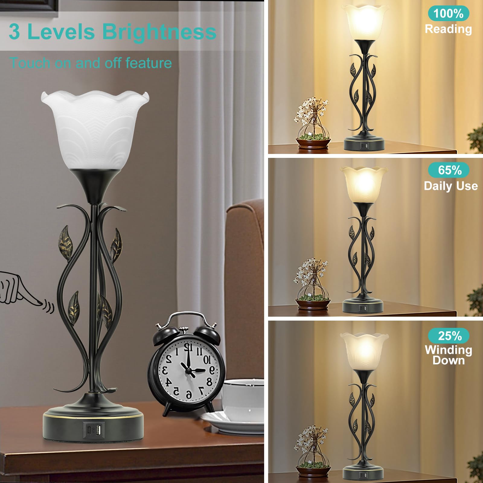 2 Pack Bedside Lamps with USB Port - 3-Way Dimmable Touch Control Table Lamps, Rustic Vine Leaf & Glass Flower Shade Nightstand Lighting for Bedroom, Living Room, Office - Perfect for Reading, Relaxation & Home Decor