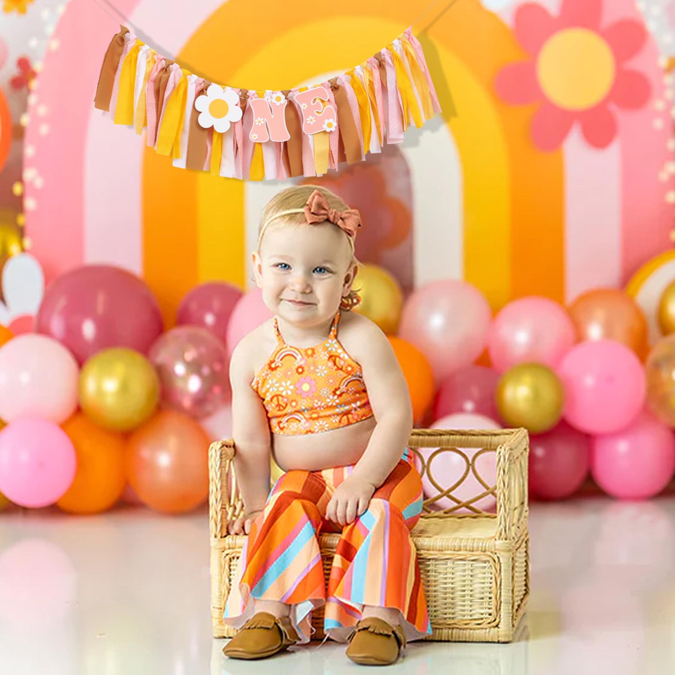 Groovy One First Birthday High Chair Banner - Hippie Daisy 1st Birthday Decorations, Baby Shower Garland, Cake Smash Backdrop for Boho Themed Parties - Perfect for Nursery, Highchair Decor & Photoshoot Background