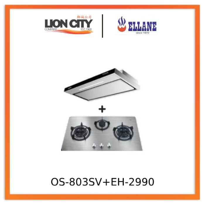 Ellane EH 2990 90cm Stainless Steel Slimline Range Hood with Ellane OS 803SV 86cm 3-Burner Gas Cooktop - Modern Kitchen Ventilation & Cooking Combo for Home Chefs