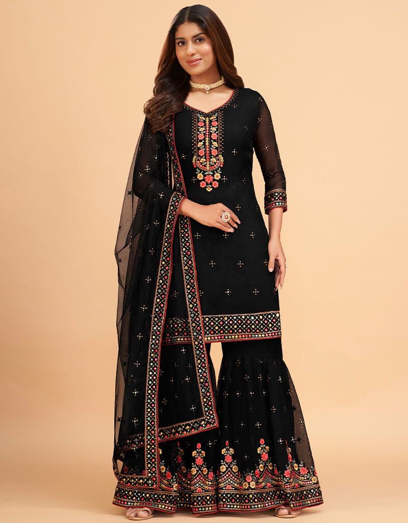 Elegant Black Georgette Sharara Suits for Women - Perfect for Weddings, Parties & Festive Occasions