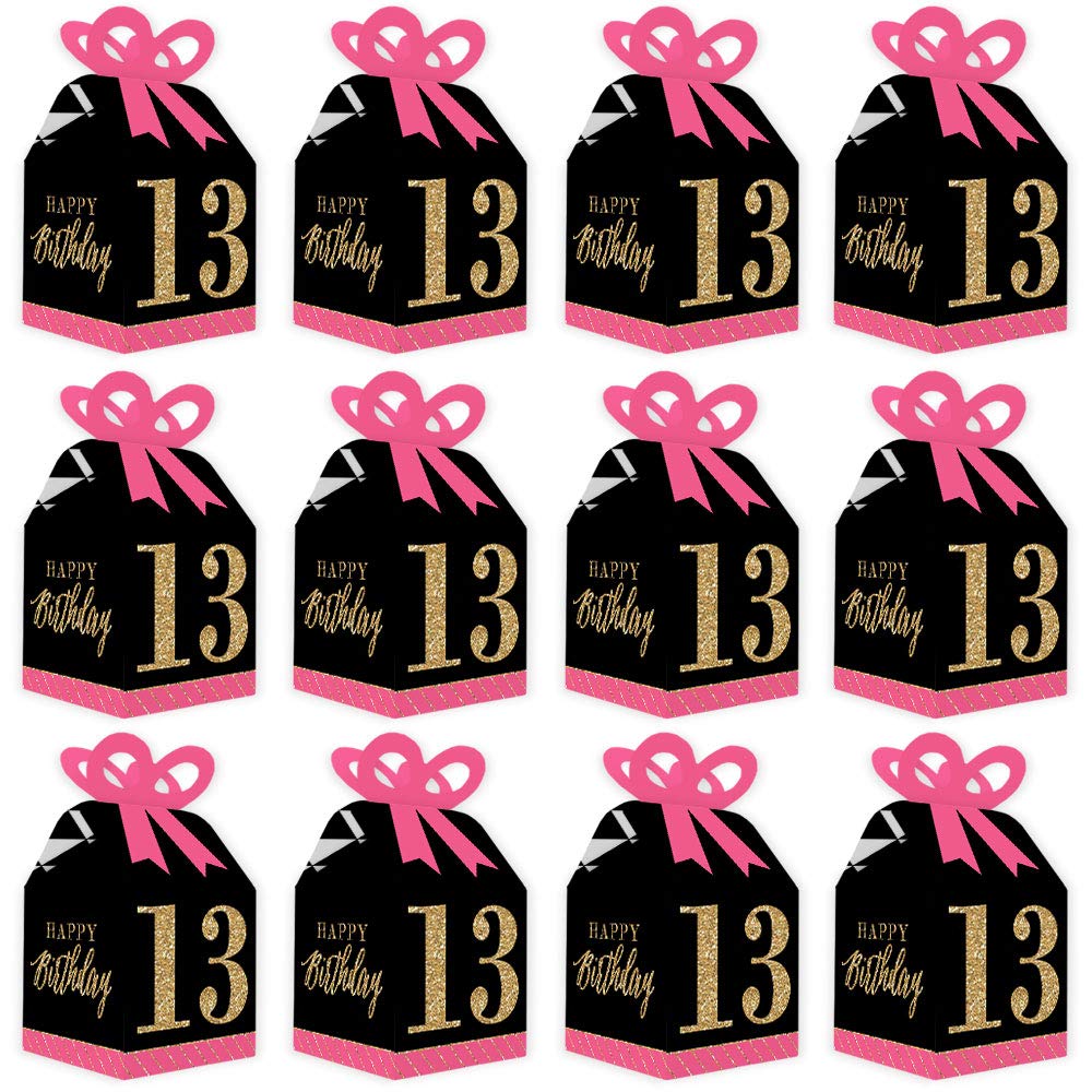 Chic 13th Birthday Gift Boxes - Pink, Black & Gold - Set of 12 for Party Favors