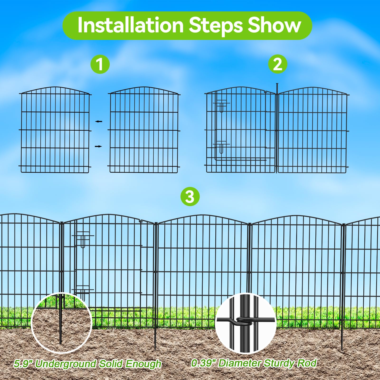 INJOPEXI 6-Panel No Dig Garden Fence - 11.8ft L x 30in H Rustproof Metal Wire Animal Barrier with Gate | Temporary Dog Fence for Patio, Yard & Outdoor Decor | Perfect for Pet Containment, Garden Borders & Landscape Design