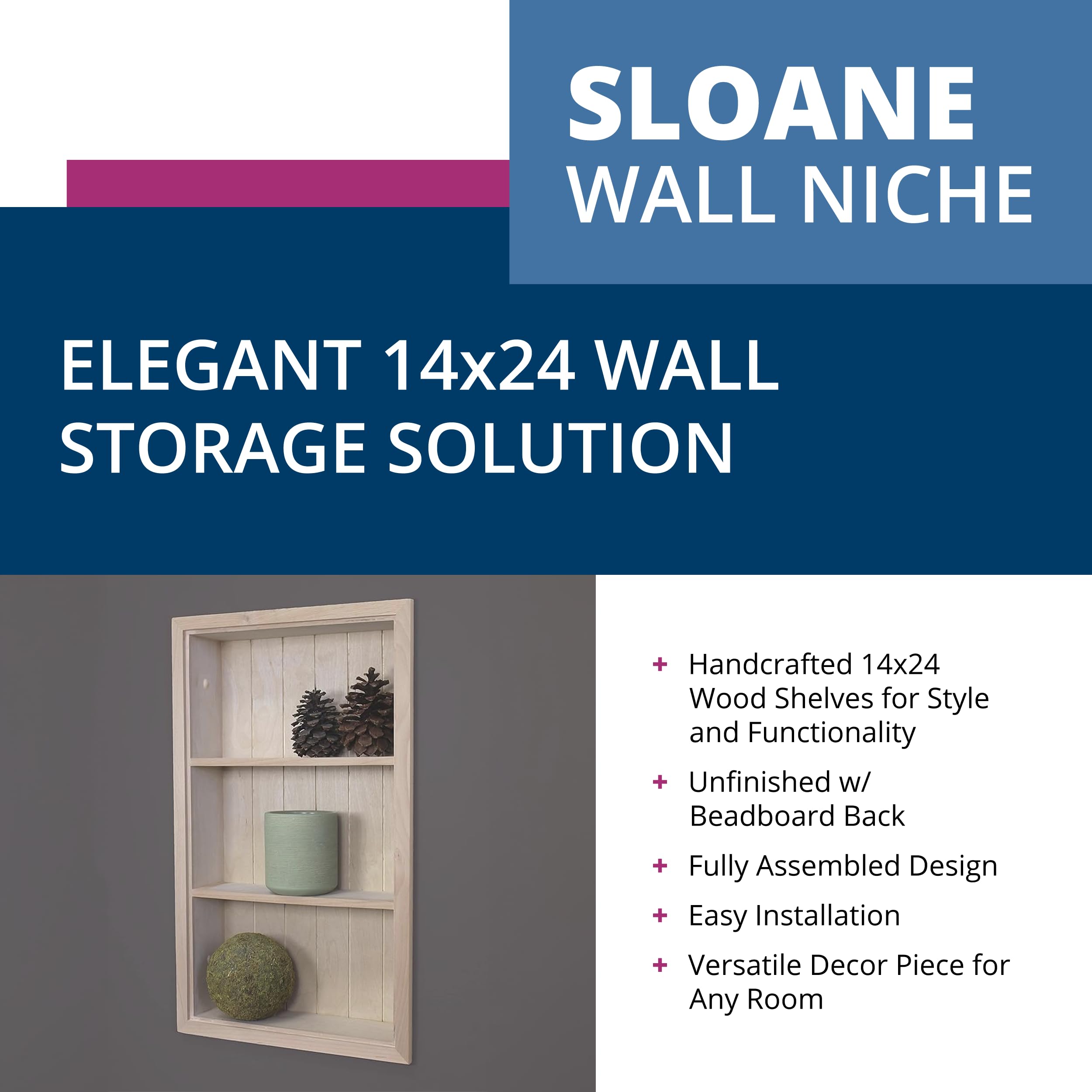 14x24 Sloane Recessed Wall Niche Medicine Cabinet Replacement - Solid Wood Bathroom Storage Shelf with Beadboard Back (Unfinished) - Made in USA - Perfect for Bathroom Organization & Small Space Storage