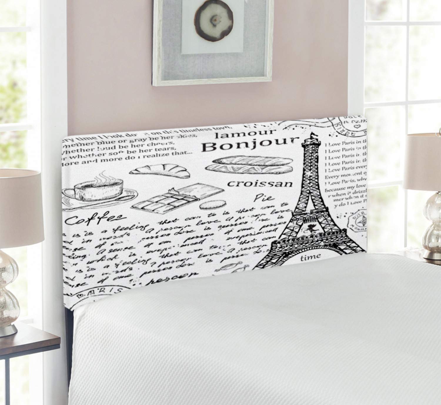 Ambesonne Paris Headboard - Traditional Parisian Design with Bonjour, Croissant, Coffee & Eiffel Tower Print | Upholstered Decorative Metal Bed Frame with Memory Foam | Twin Size Black & White | Perfect for Bedroom Decor & French-Themed Interiors