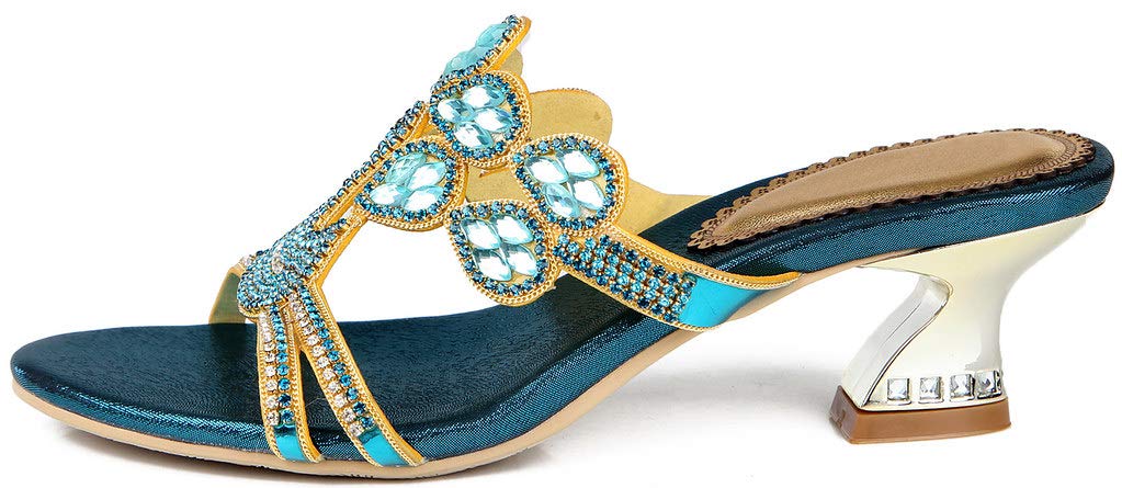 LizFoYa Women's Rhinestone Decorated Slip-On Heeled Sandals with Flower Cutout - Low Heel Dress Shoes for Party, Wedding & Evening Occasions
