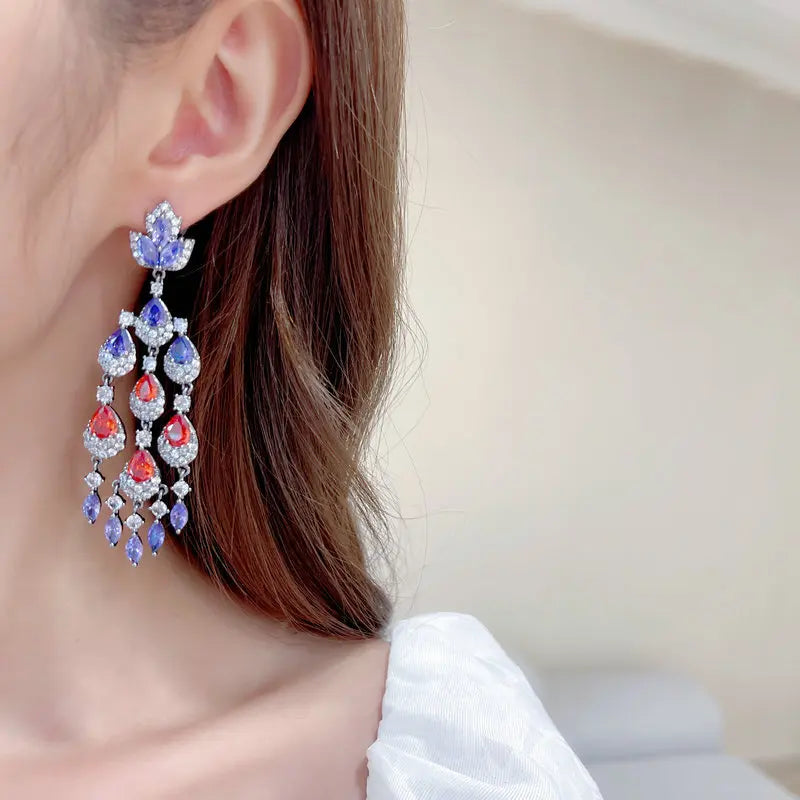 Sparkling Cubic Zirconia Long Dangle Tassel Earrings for Women - Elegant Wedding, Bridal Party & Evening Banquet Jewelry Accessories | Perfect for Prom, Gala & Special Occasions