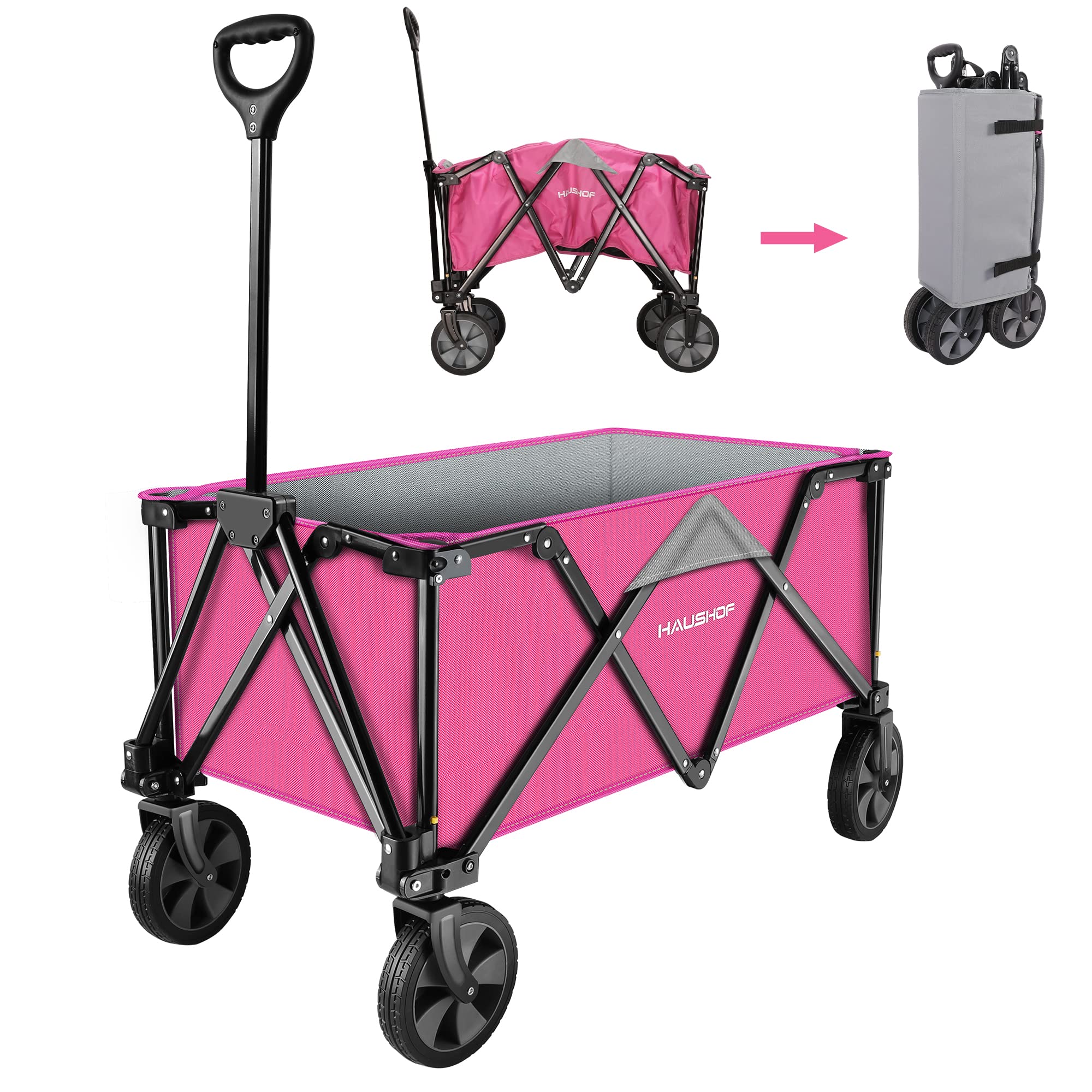 HAUSHOF Heavy Duty Collapsible Wagon - Folding Outdoor Utility Cart with Quick Release Wheels & Adjustable Handle - 176 lbs Capacity - Pink - Perfect for Camping, Beach, Garden & Grocery Shopping