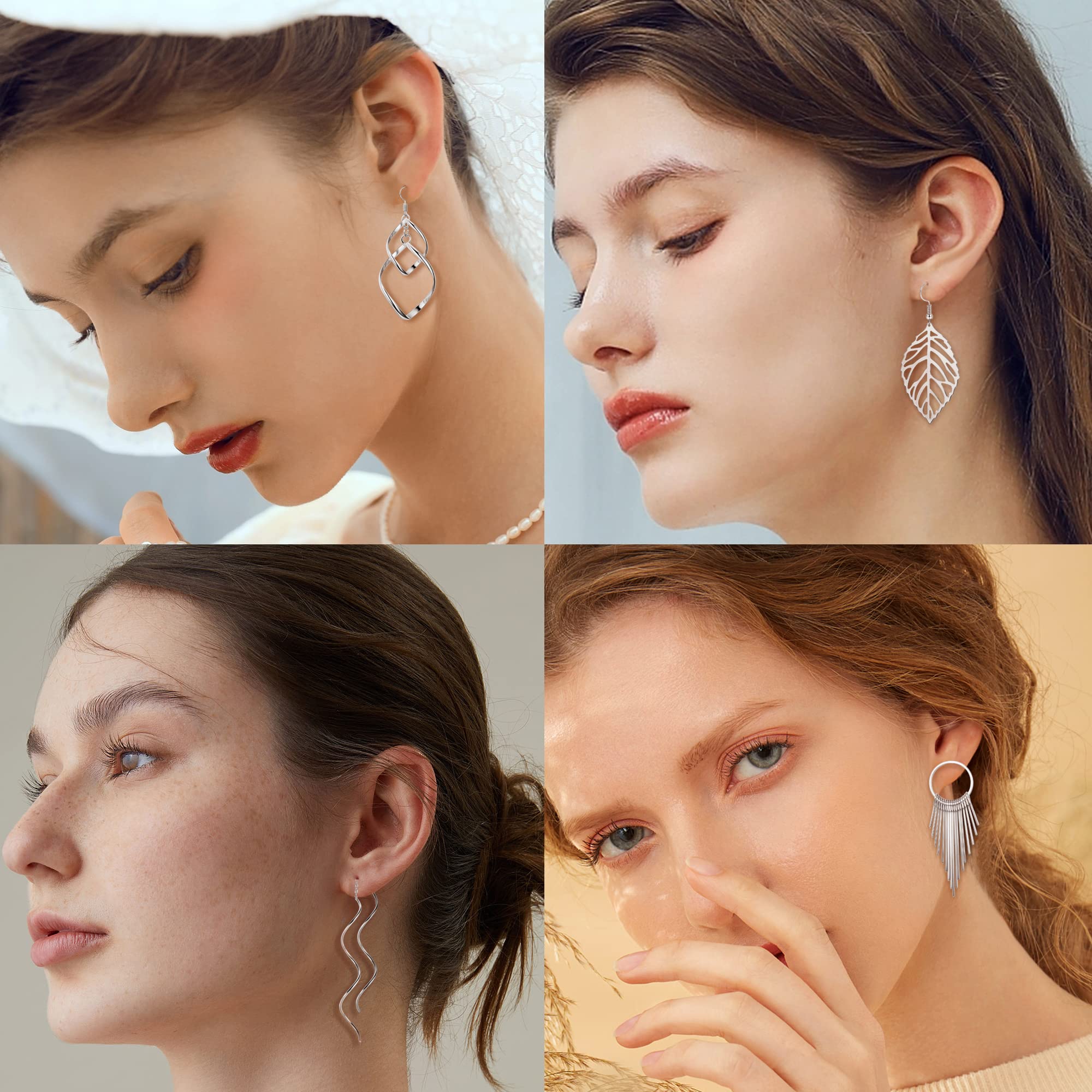 JeweBella 9 Pairs Hypoallergenic Stainless Steel Drop Dangle Earrings for Women - Boho Vintage Silver & Gold Wave Leaf Tassel Long Bar Earrings Set | Fashion Jewelry Gift for Parties, Weddings & Everyday Wear