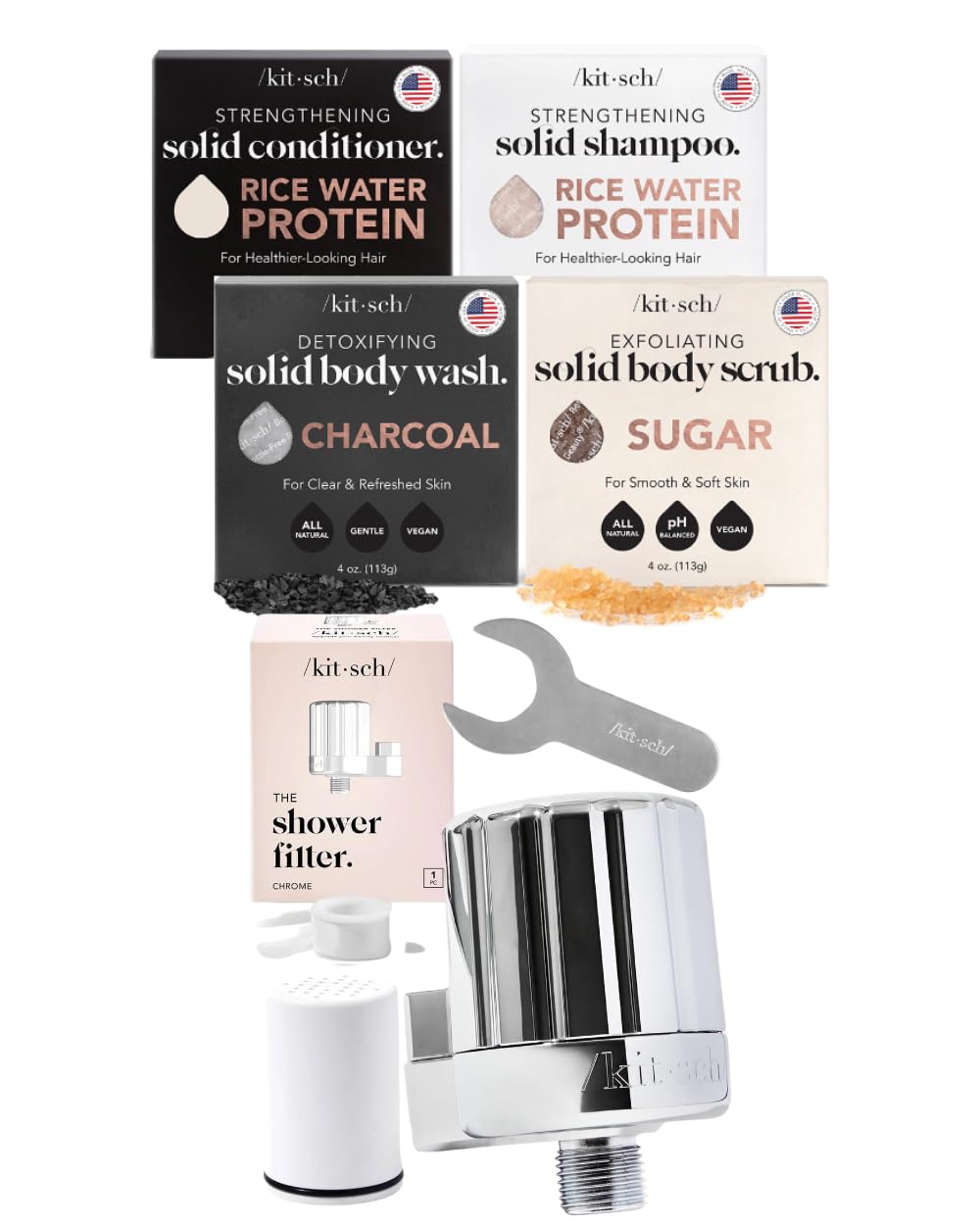 Kitsch All-Natural Hair & Body Care Bar Set with Chrome Shower Filter Bundle - Organic, Sulfate-Free for Healthy Skin & Hair, Perfect for Eco-Friendly Showers & Travel