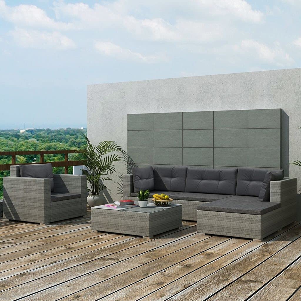 6-Piece Gray Poly Rattan Outdoor Bar Set with Cushions & Glass Table - Patio Furniture for Backyards, Porches, Gardens & Poolside (Weather-Resistant & Comfortable)