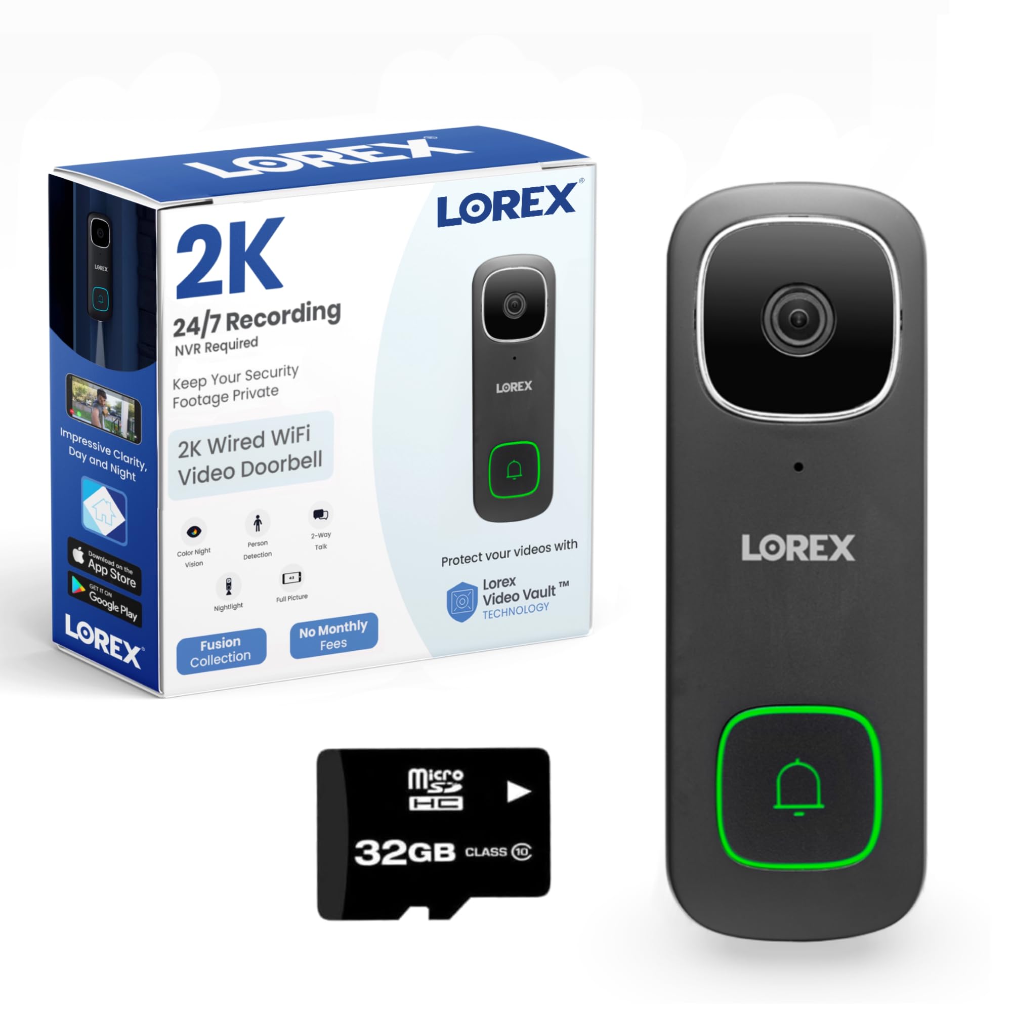 Lorex 2K Wired WiFi Smart Video Doorbell Camera with No Monthly Fee - HD Security Lighting, Color Night Vision, Smart Motion Detection, Works with Existing Doorbell Wiring (Black) - Perfect for Home Security & Package Protection