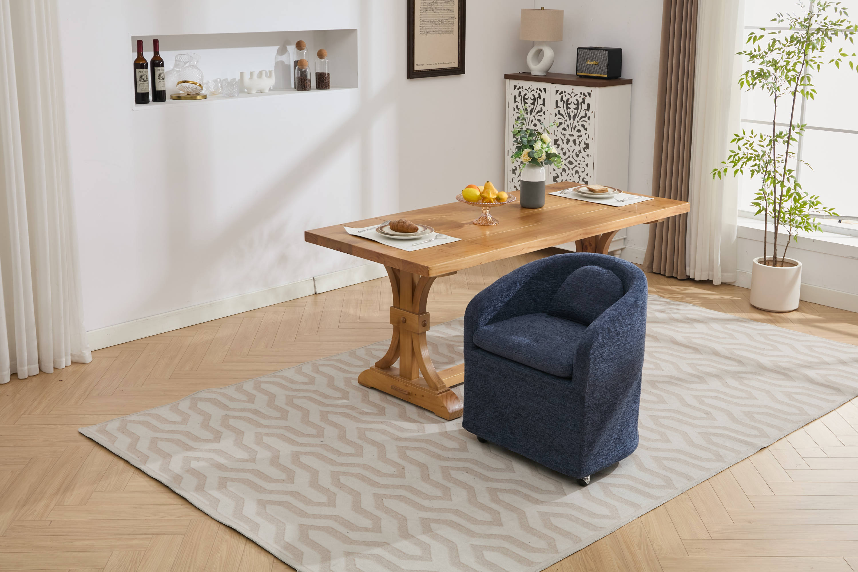Blue Chenille Fabric Dining Armchair with Back Cushion & Universal Wheels - 1-Piece Set for Home, Office or Restaurant Use