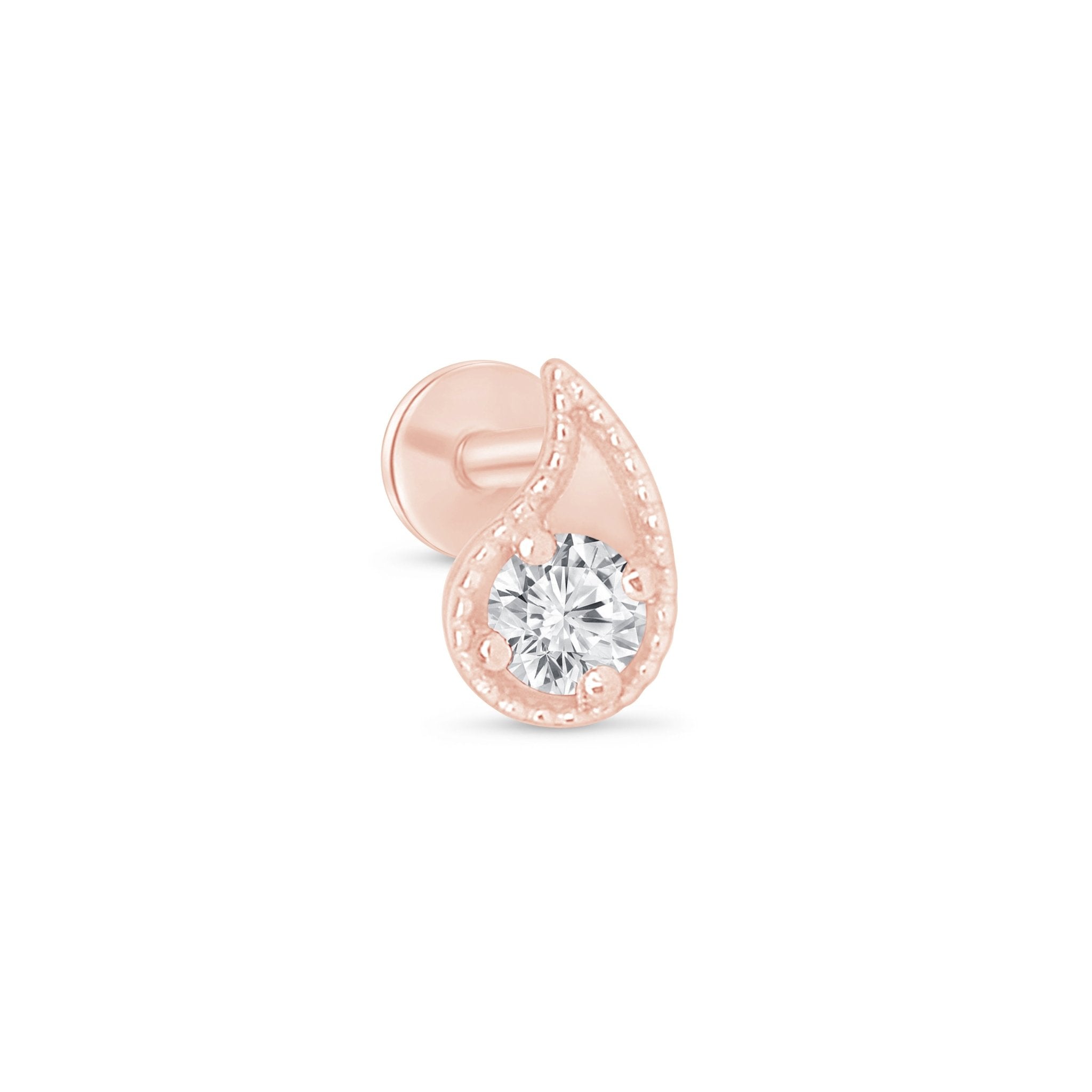 14K Rose Gold Diamond Paisley Flat Back Stud Earrings with Milgrain Detailing - Elegant Jewelry for Women, Perfect for Weddings, Parties & Daily Wear
