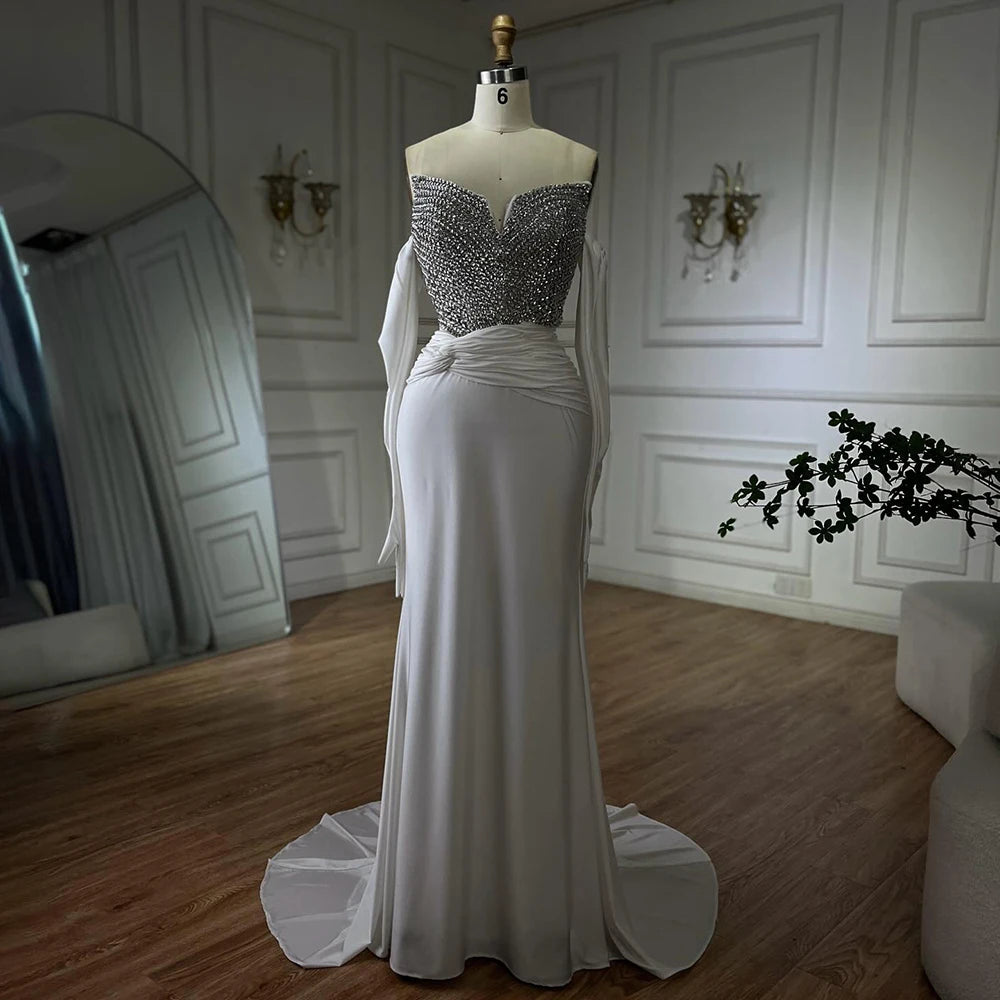Elegant White Arabic Evening Gown with Crystal Beading - Luxury Dubai Formal Dress with Gloves for Weddings, Galas & Special Occasions LA72758