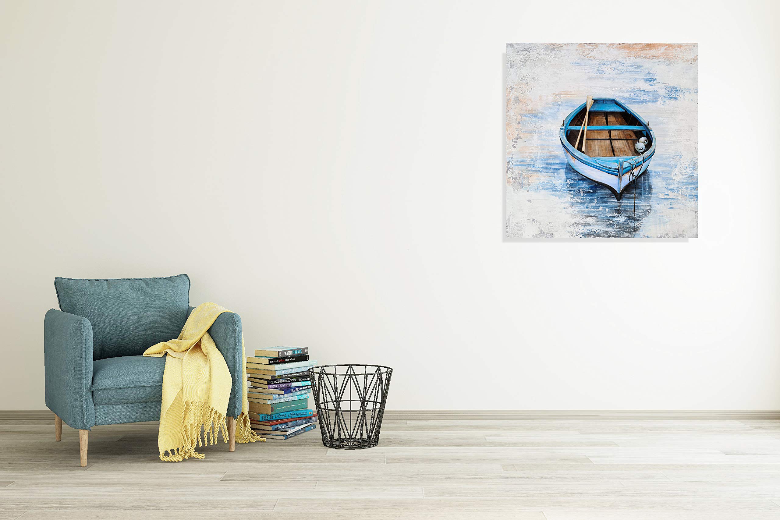 Hand Painted Coastal Sailing Boat Canvas Wall Art - Modern Abstract Nautical Painting in Light Blue - Square Wall Decor for Living Room, Bedroom & Bathroom - Perfect for Beach House, Office or Seaside Themed Spaces