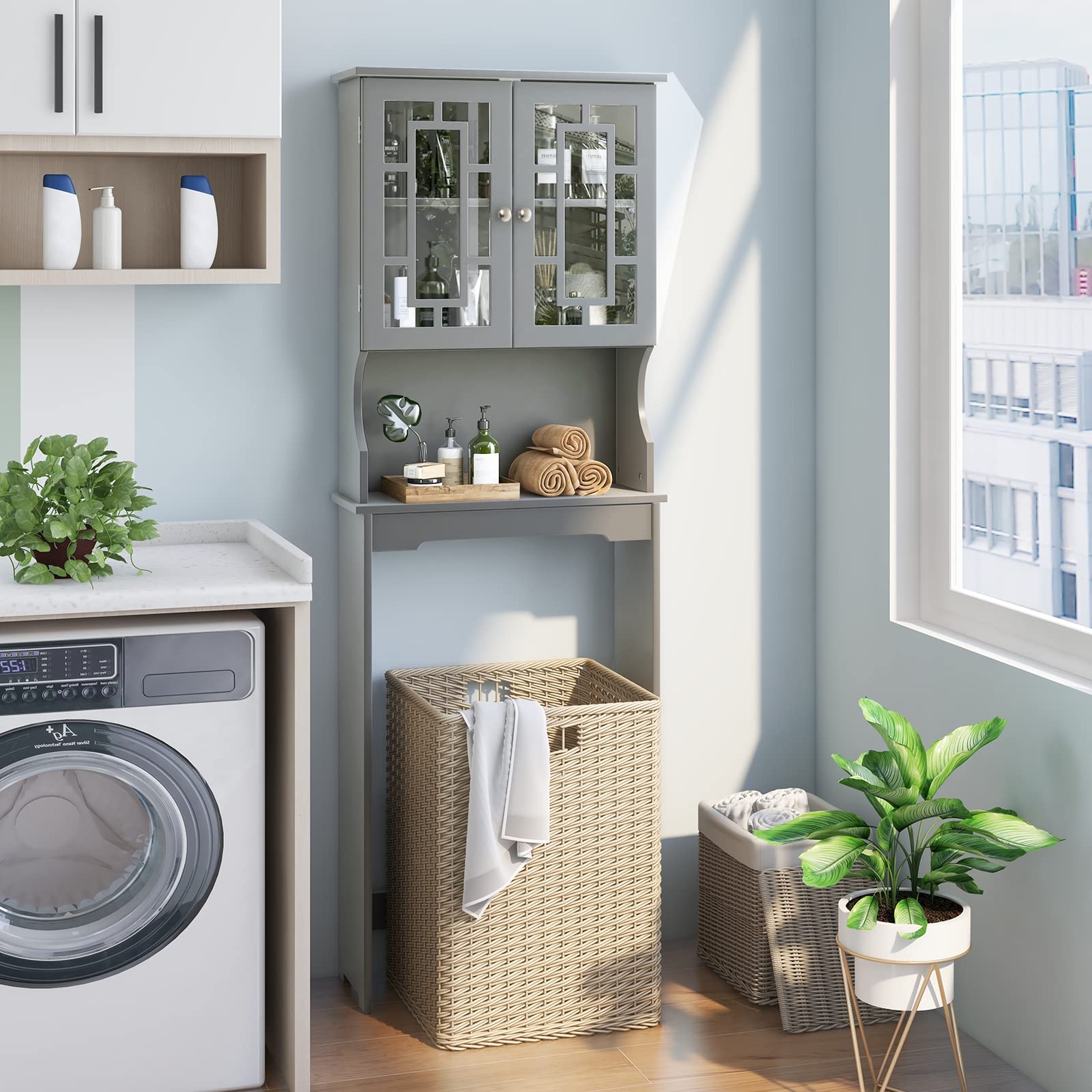 Over The Toilet Storage Cabinet - Wooden Bathroom Organizer with Adjustable Shelves, Double Doors & Open Storage - Space Saving Freestanding Toilet Rack Unit (Gray) - Perfect for Small Bathrooms, Apartments & Dorm Rooms