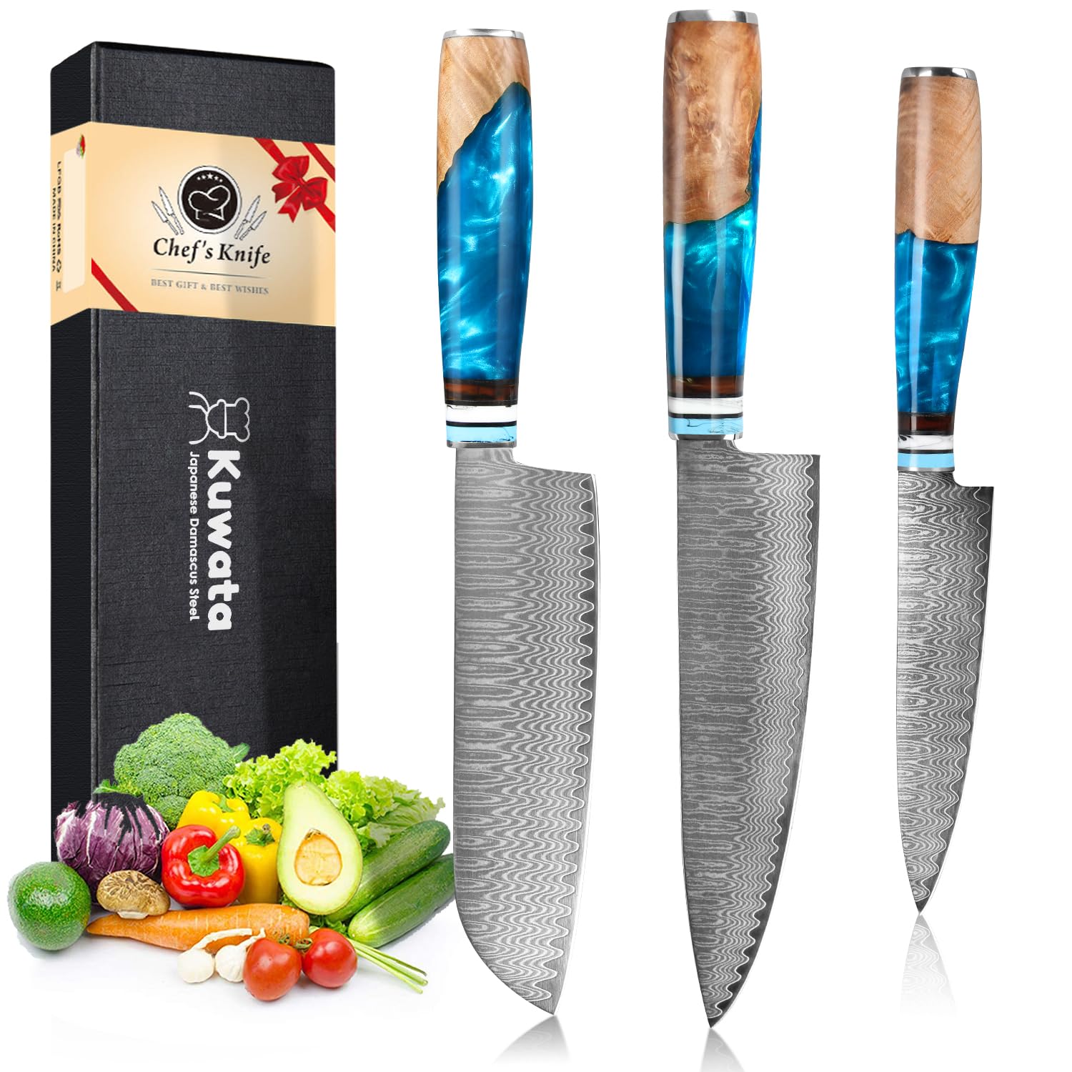 Premium 3-Piece Japanese Damascus Steel Chef Knife Set - VG10 Santoku, Chef & Paring Knives with Gift Box - Perfect for Professional Cooking, Home Kitchens & Gourmet Gifts