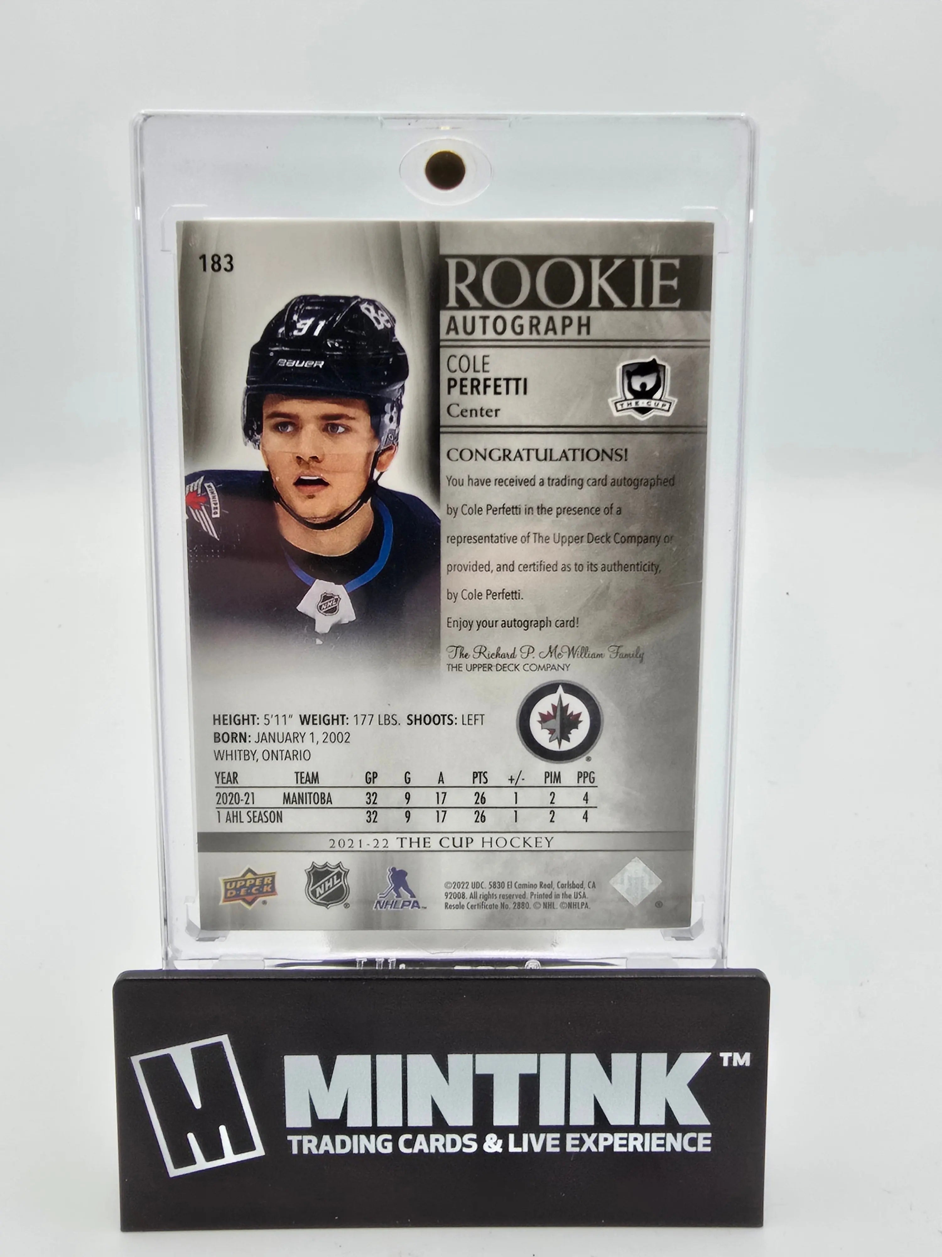 2021-22 Upper Deck The Cup Hockey Cole Perfetti Rookie Autograph 1/1 #183 - Rare Collectible for Hockey Fans & Sports Memorabilia Enthusiasts