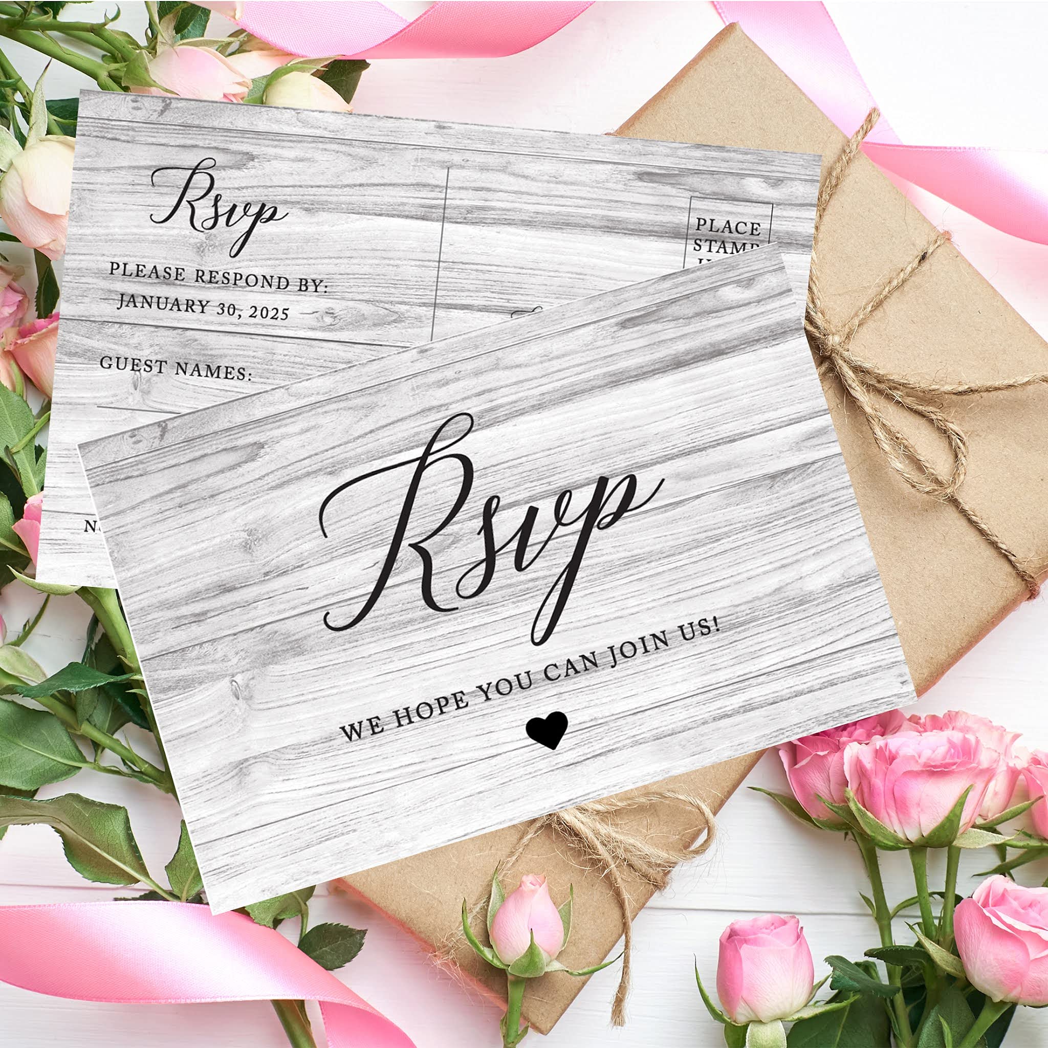 Personalized RSVP Postcards for Wedding - 56-Pack Gray Rustic Wood Cardstock Response Cards - Custom Date & Return Address - 4 x 6 Inch - Perfect for Bridal Showers, Baby Showers & Birthday Events