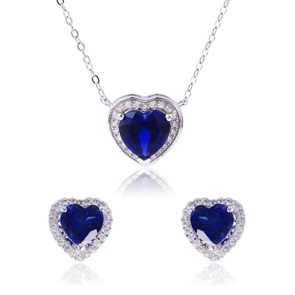 925 Sterling Silver Love Heart Wedding Jewelry Set for Women - Blue Sapphire & Red Heart Necklace Pendant with Stud Earrings - Perfect Bridal Gift for Engagement, Anniversary & Valentine's Day