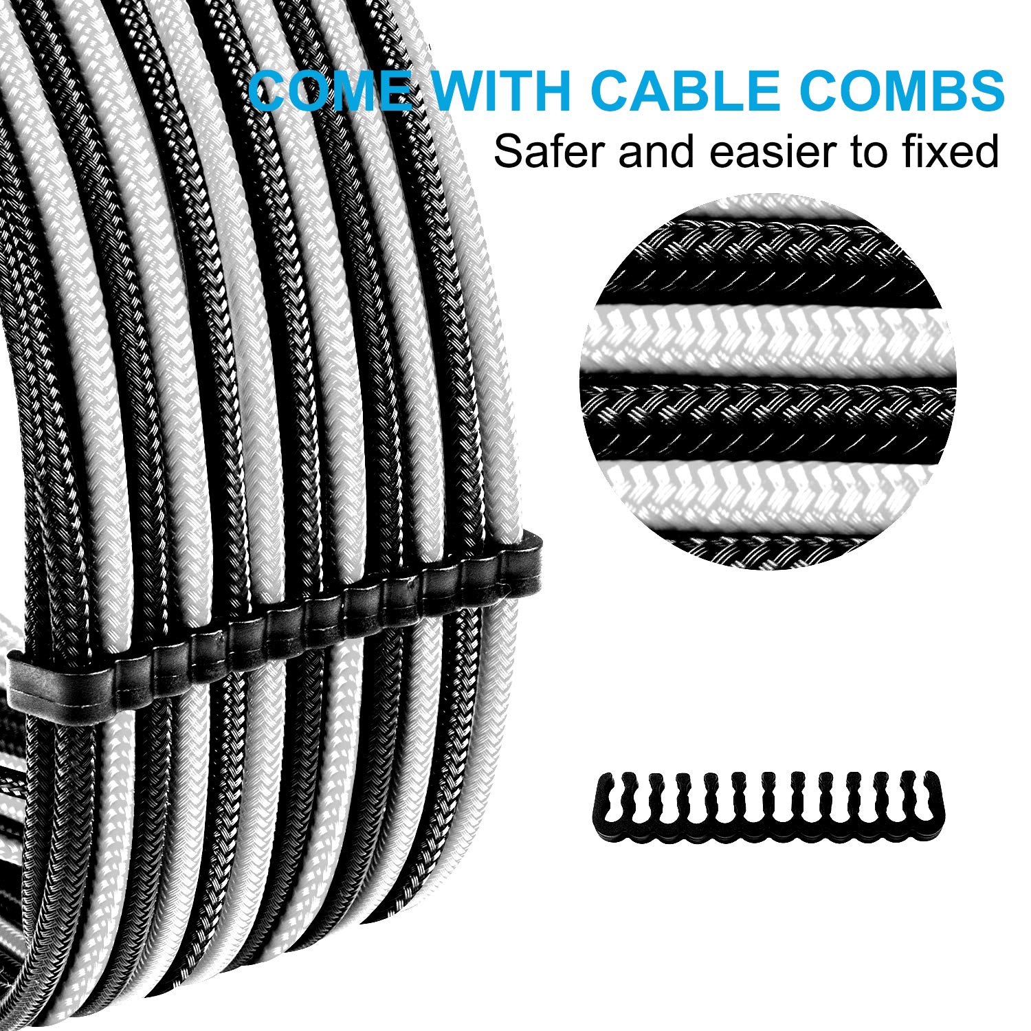 Premium Sleeved PSU Cable Extension Kit - 24-Pin, 8-Pin, 6-Pin, 4+4-Pin Connectors with Cable Combs (30cm/11.8