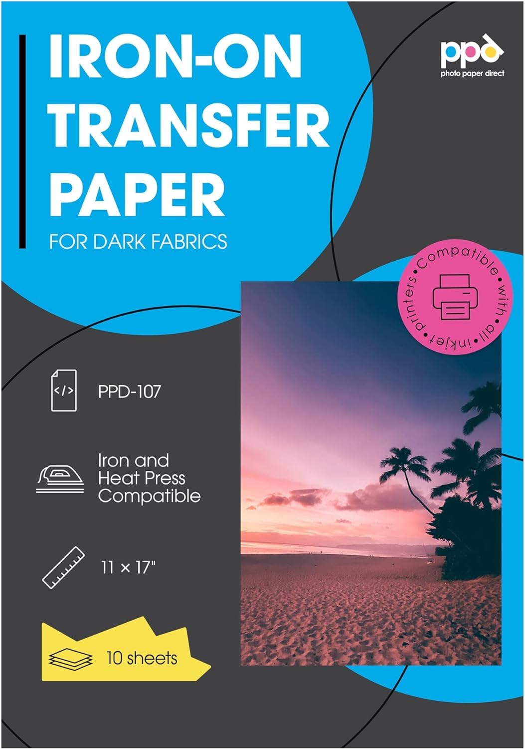 Premium PPD Iron-On Transfer Paper for Dark Fabric - Inkjet Printer Compatible, 11x17 Inches, Custom T-Shirt Heat Transfer Sheets - Durable, Flexible & Machine Washable (10 Sheets) - Perfect for DIY T-Shirts, Hoodies, Bags & Personalized Gifts