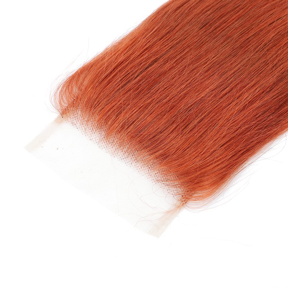 Brazilian Straight Remy Human Hair Bundles with 4x4 Transparent Lace Closure - Burnt Orange #350 (18 20 22 + C18) | Natural Looking Hair Extensions for Daily Wear, Parties & Special Occasions