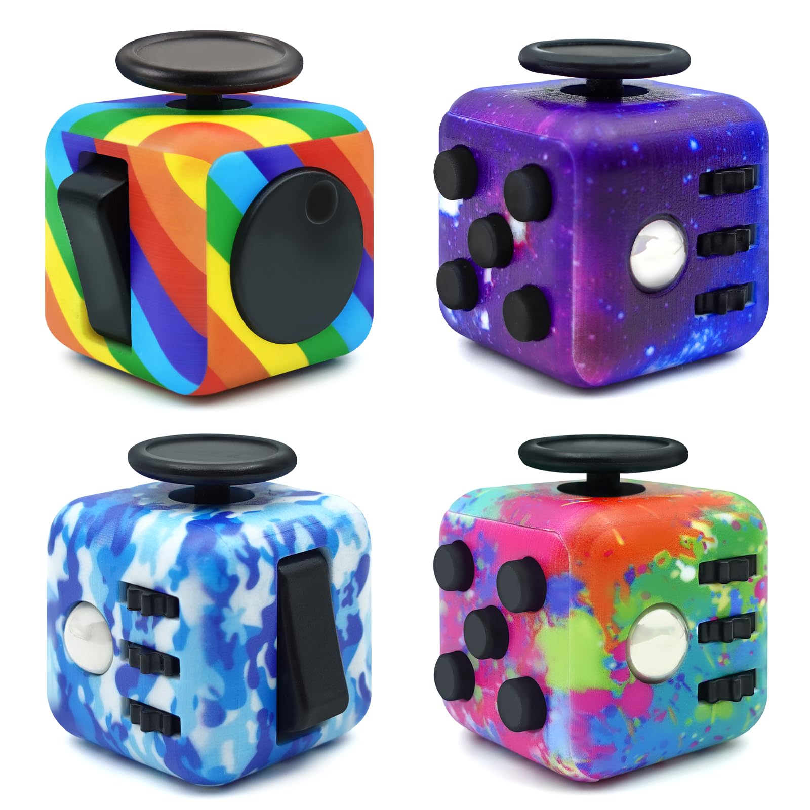 4 Pack Fangool Fidget Toy Cube - Stress Relief & Anxiety Toys for Adults & Kids with ADD/ADHD/OCD - 6-Sided Handheld Sensory Fidget Toys (Audible/Silent Modes) - Perfect for Office, School, Travel & Focus Enhancement