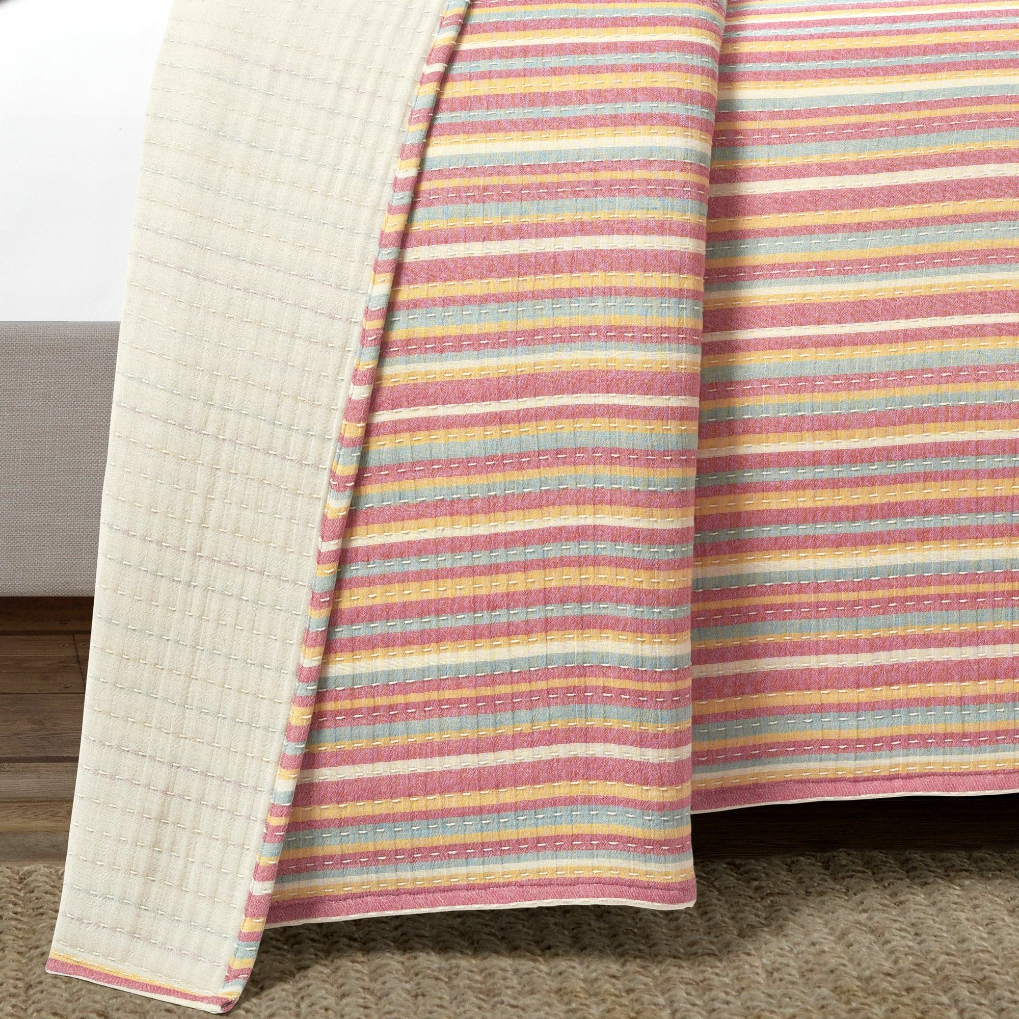 Tracy Stripe Pick Stitch Kantha Yarn-Dyed Cotton Woven Quilt Coverlet Set - Soft Bedspread for Cozy Bedroom Decor, Perfect for Guest Rooms & Boho Chic Home Styling
